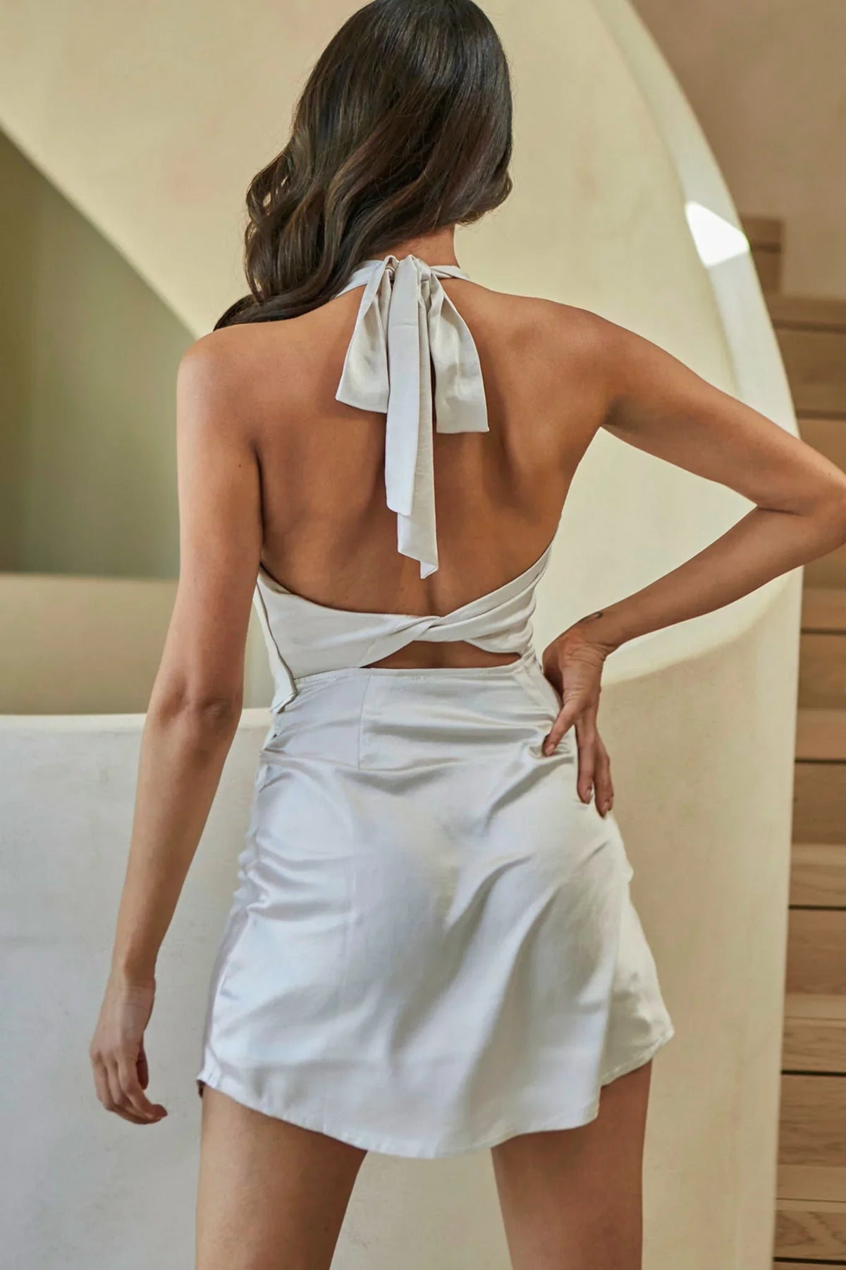 Sonoma Cowl Neckline Faux Wrap Twist Back Mini Dress Oyster