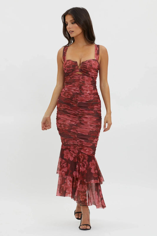 Nadia Ruched Fishtail Midi Dress Floral Wine