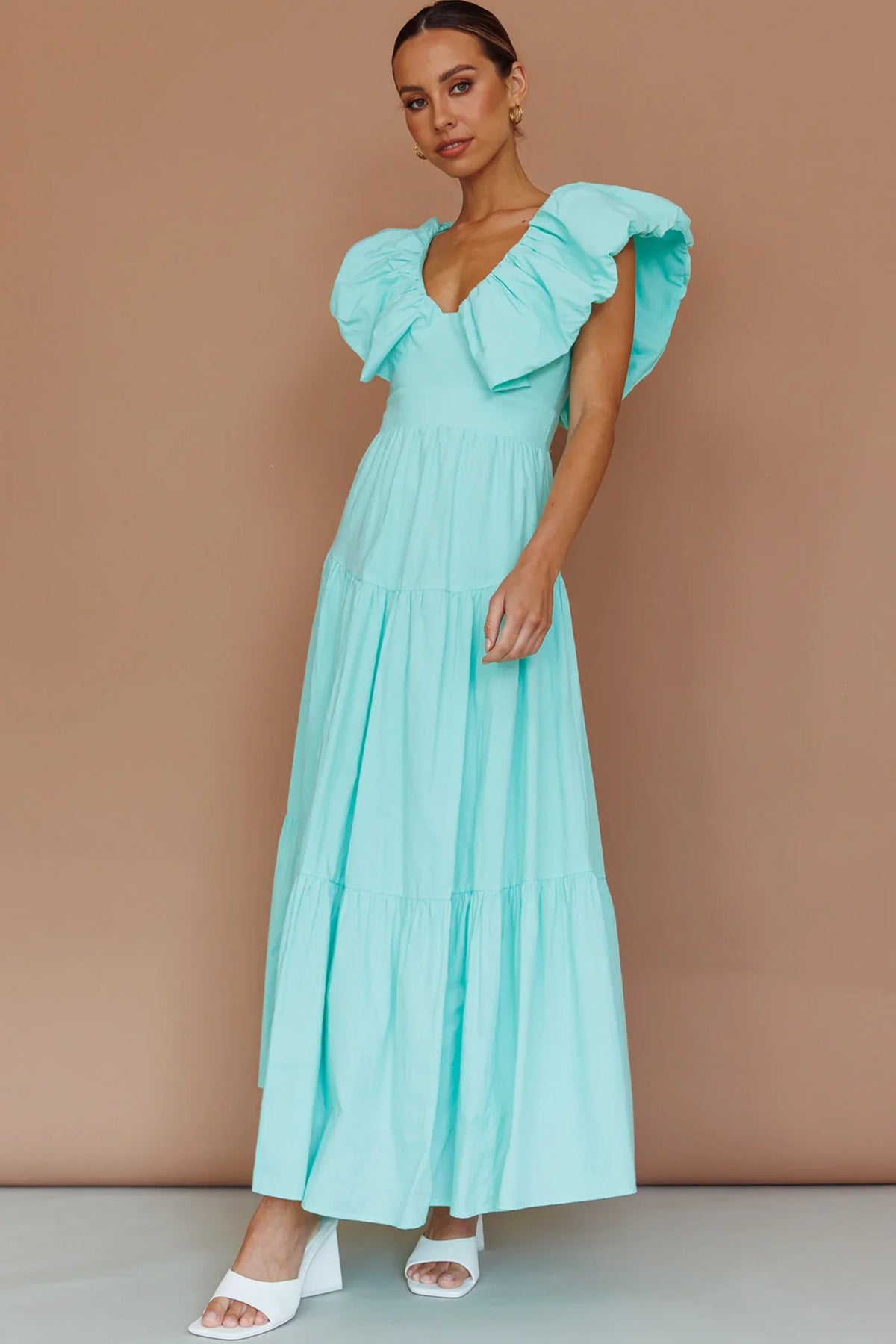 Kahlo Puffed Ruffle Neckline Maxi Dress Mint