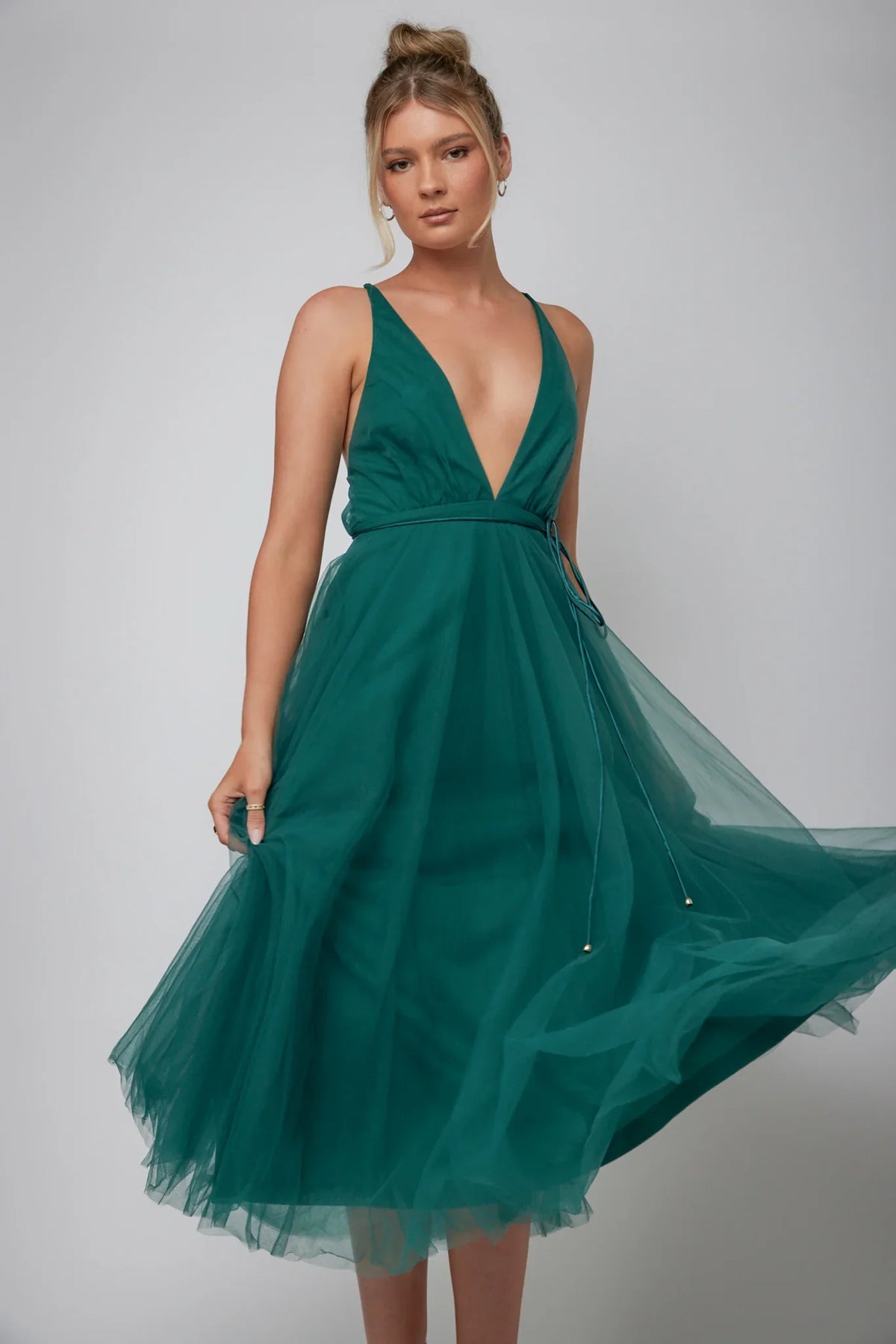 Floating By Plunging Neckline Mesh Overlay Midi Dress Forest Green