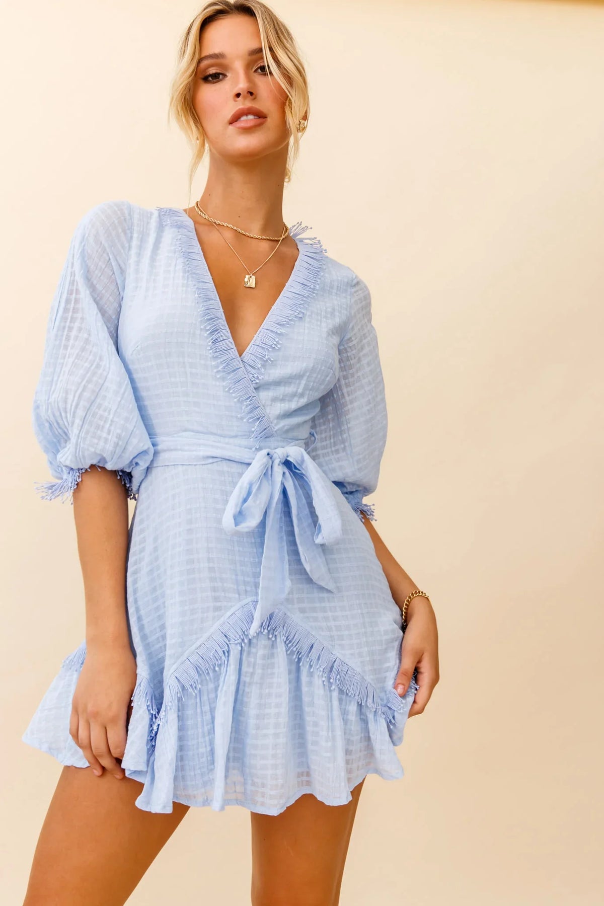 Flyin' Solo Fringe Trim Waist Tie Dress Steel Blue