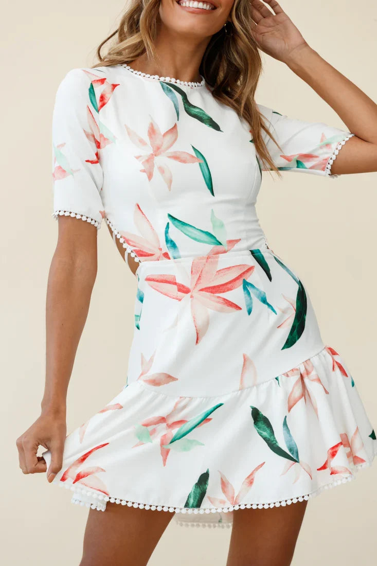 Manuela Half Sleeve Lace-Up Back Dress Leaf Print White