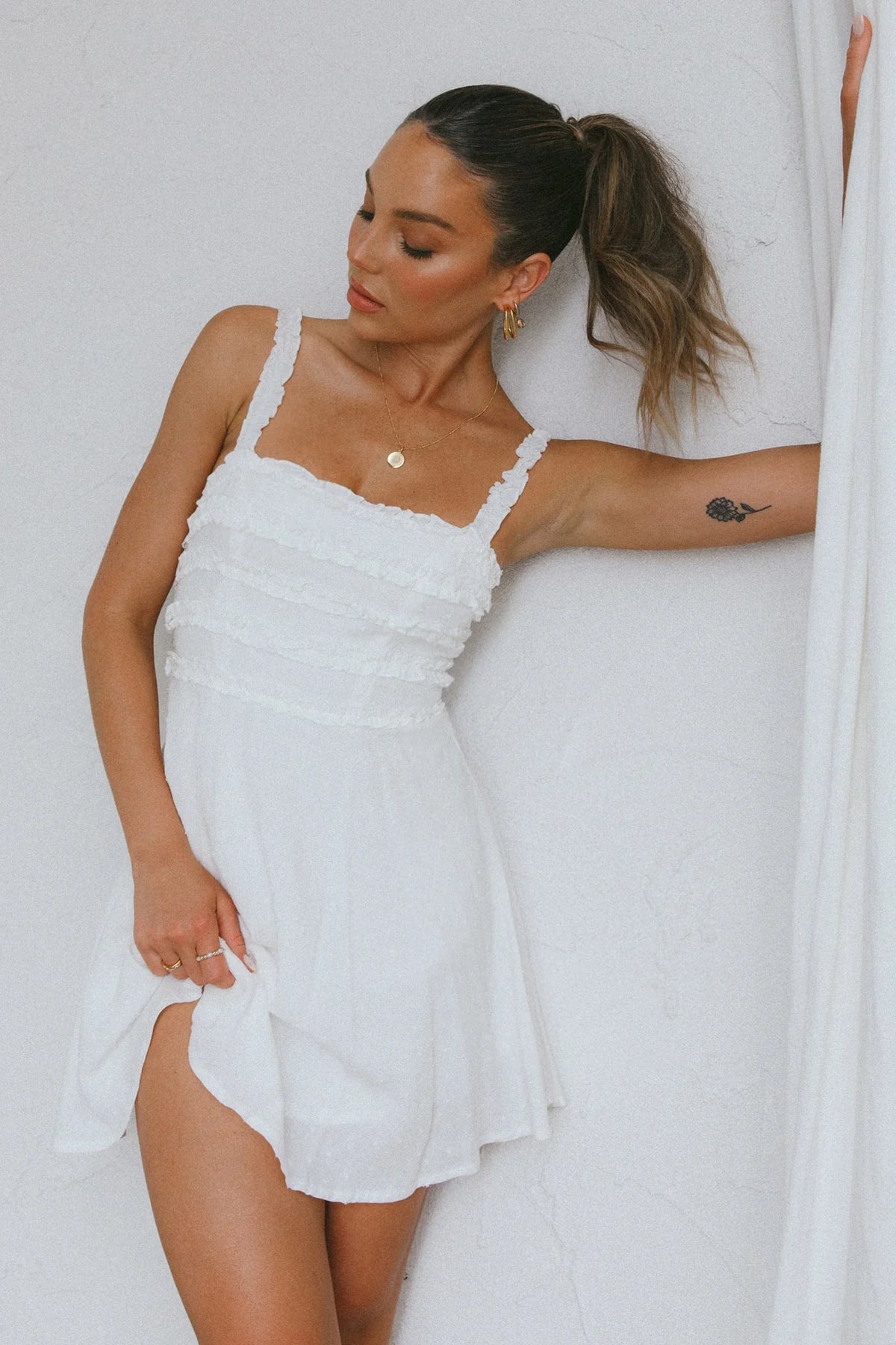 Illia Frill Trim Textured Dress White