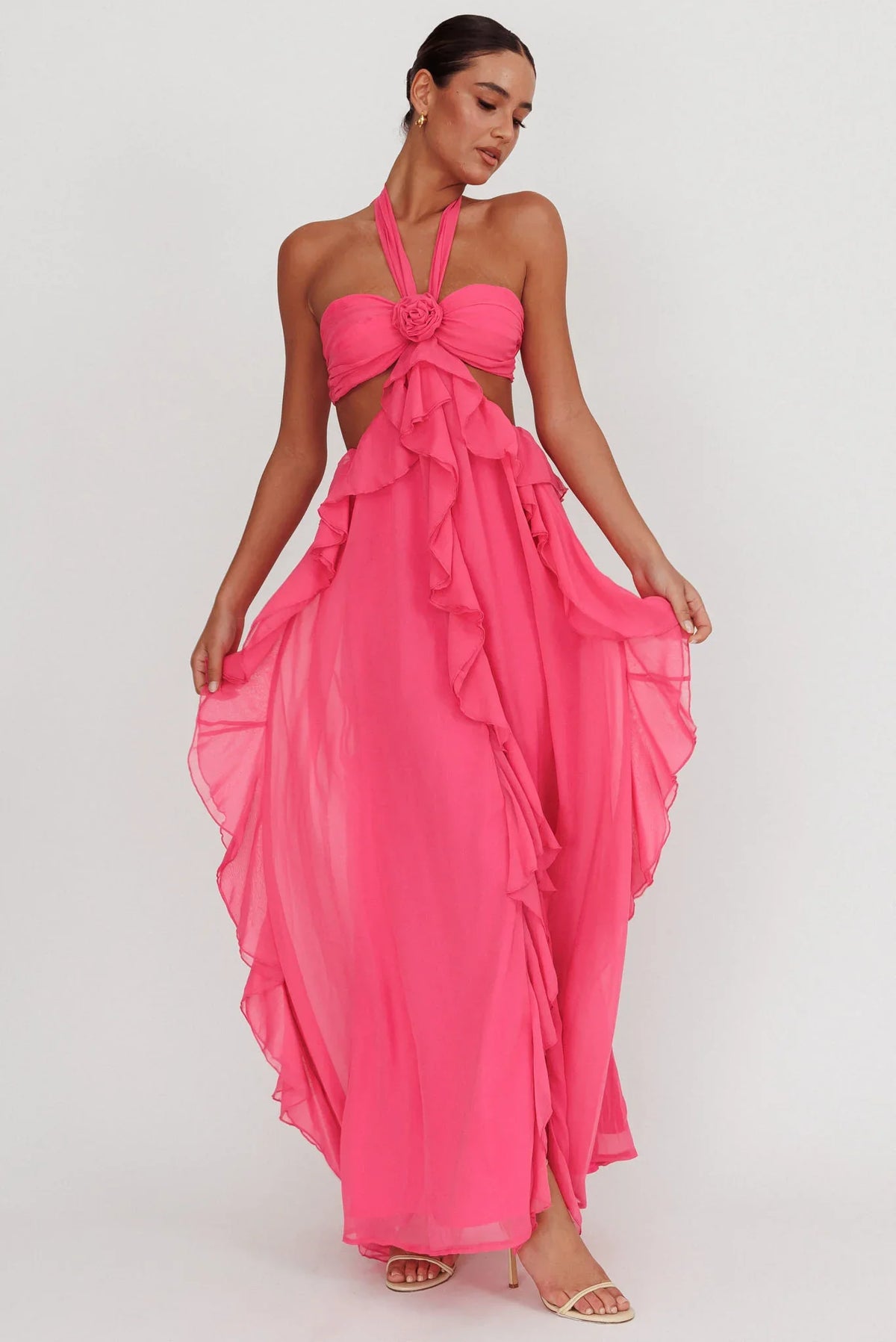 Santiago Cut-Out Ruffle Maxi Dress Fuchsia