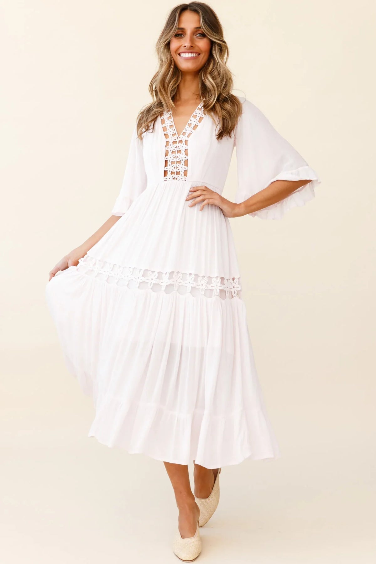 Feeling Groovy Bell Sleeve Crochet Trim Maxi Dress Pink