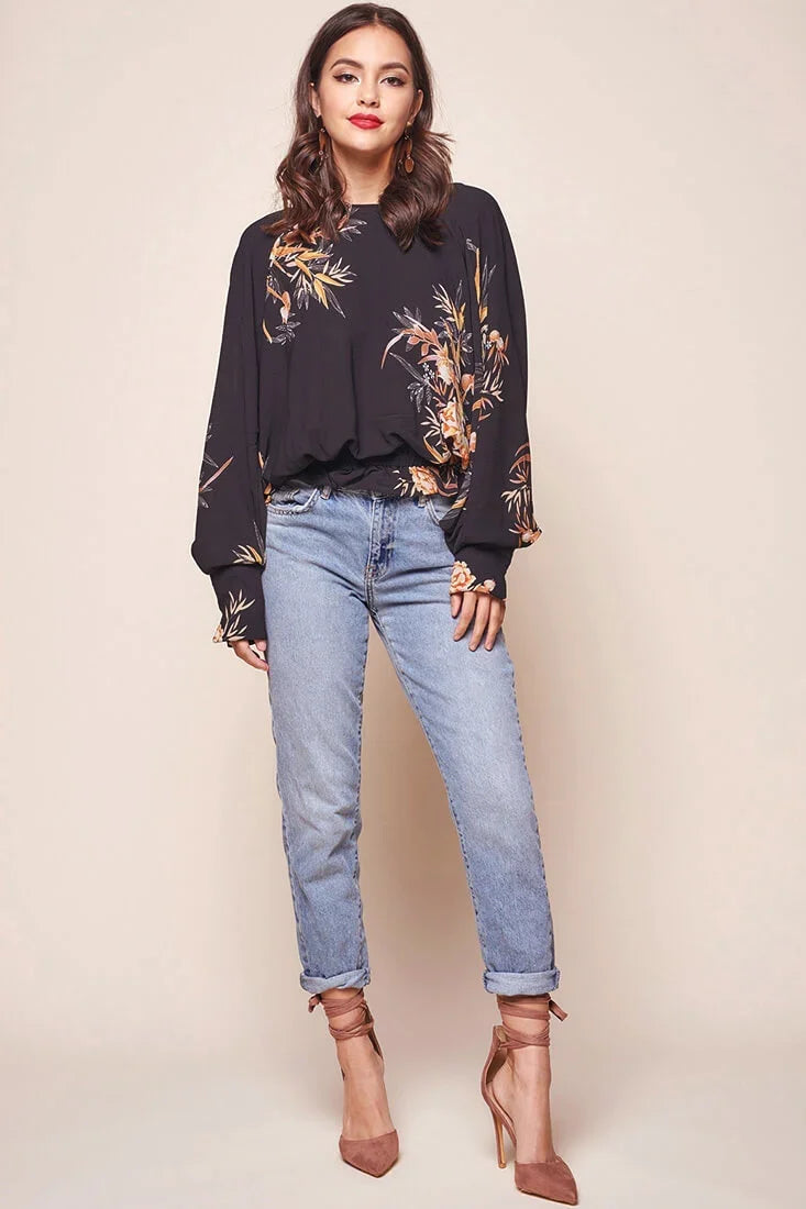 Alejandra Floral Print Bat Sleeve Top Black
