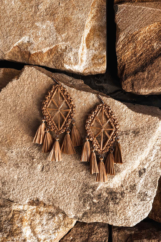 Immense Drop Woven Tassle Earrings Brown