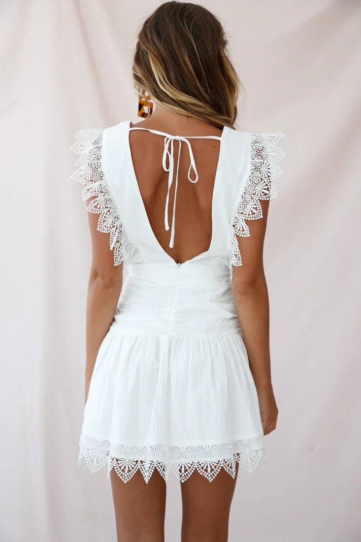 Juliet Gathered Detail Lace Trim Dress White