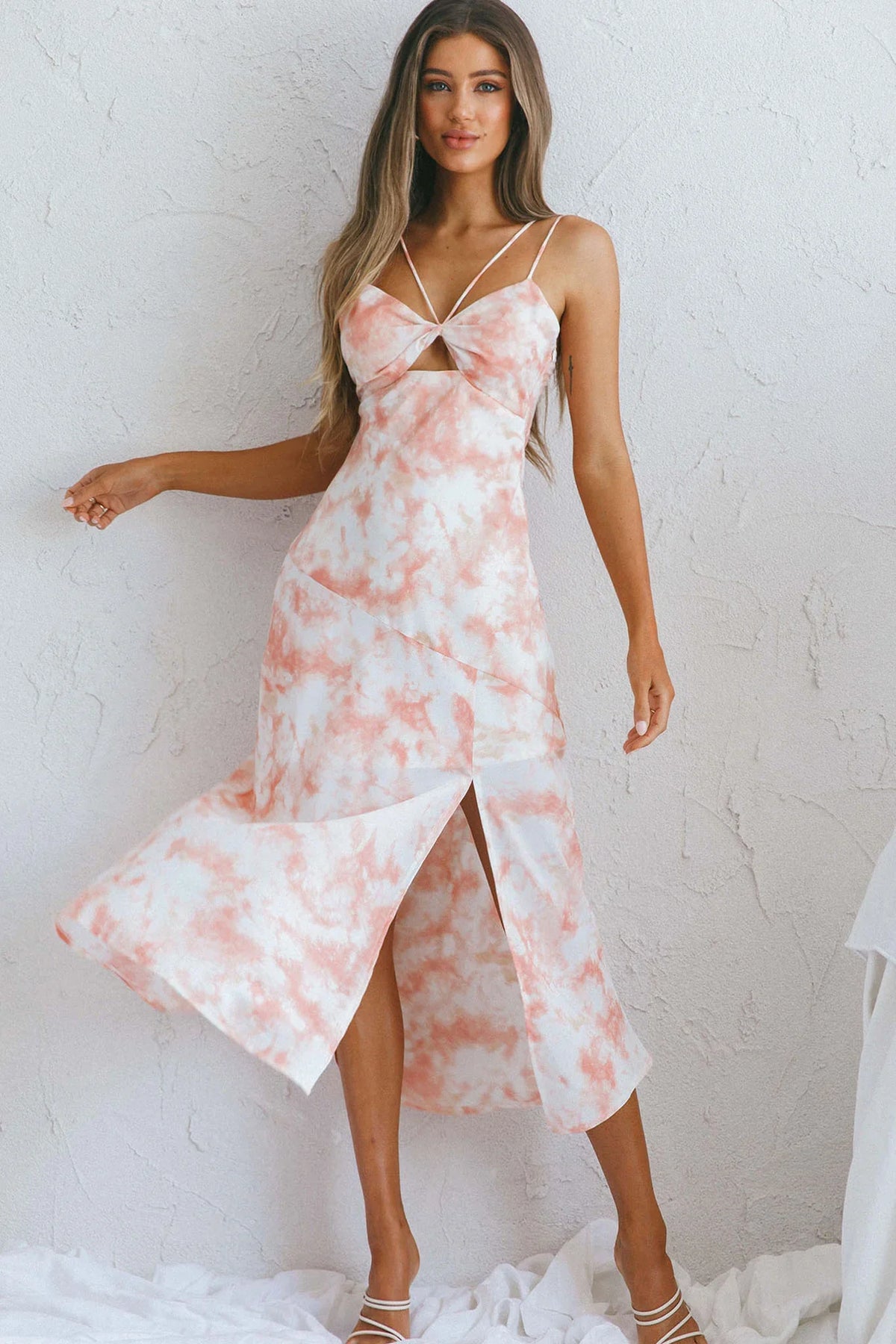 She Reigns Twist Bust Split Midi Dress Tie Dye Pink
