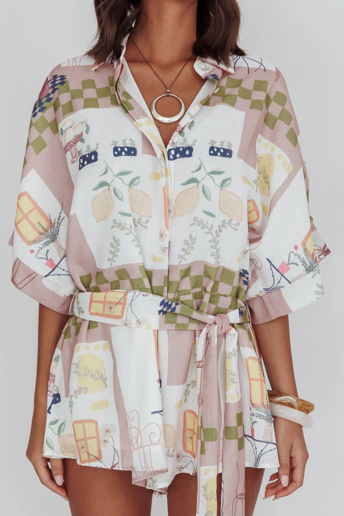 Daytona Beach Button-Up Romper Euro Print Olive