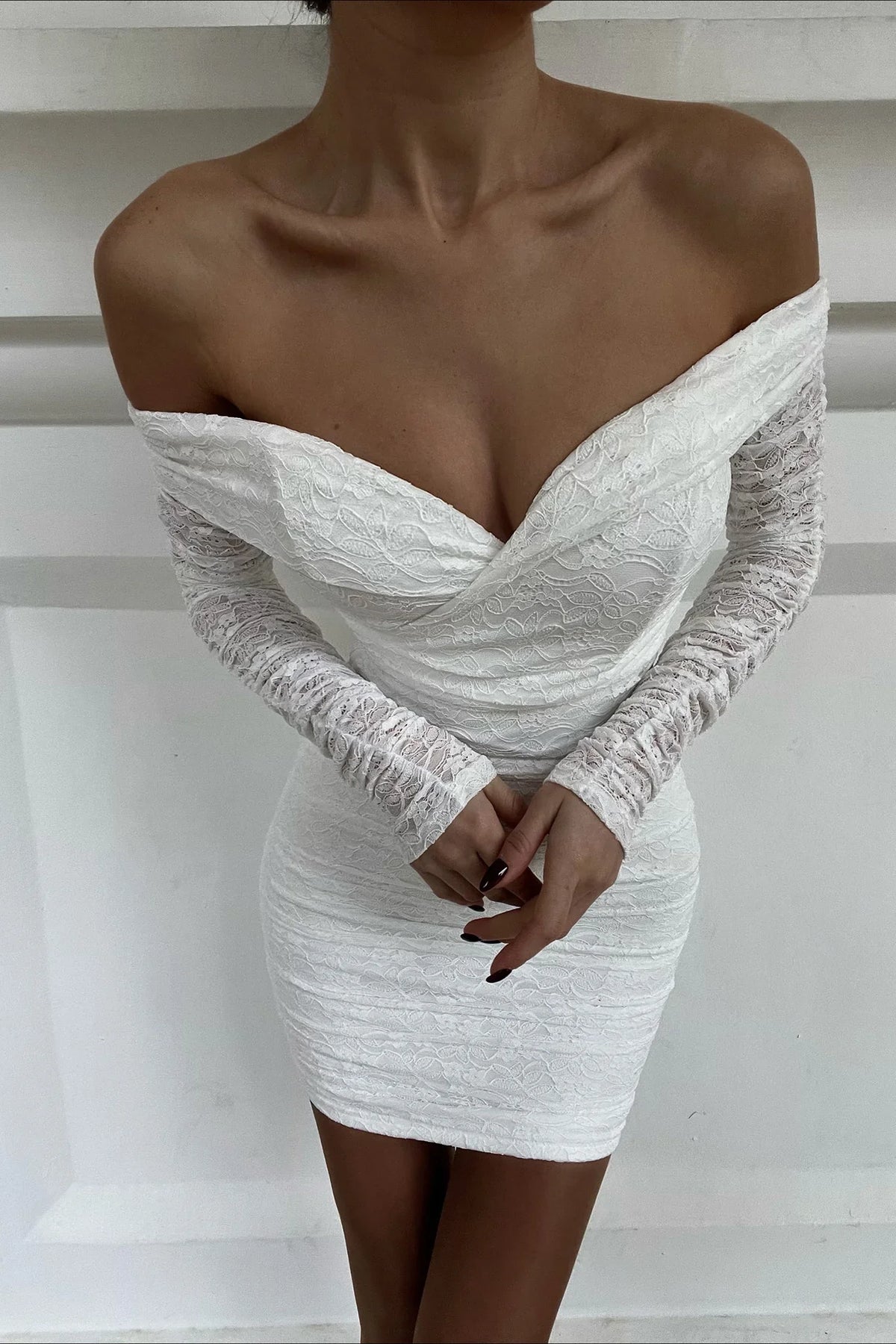 Moonrise Off-Shoulder Long Sleeve Dress Lace White