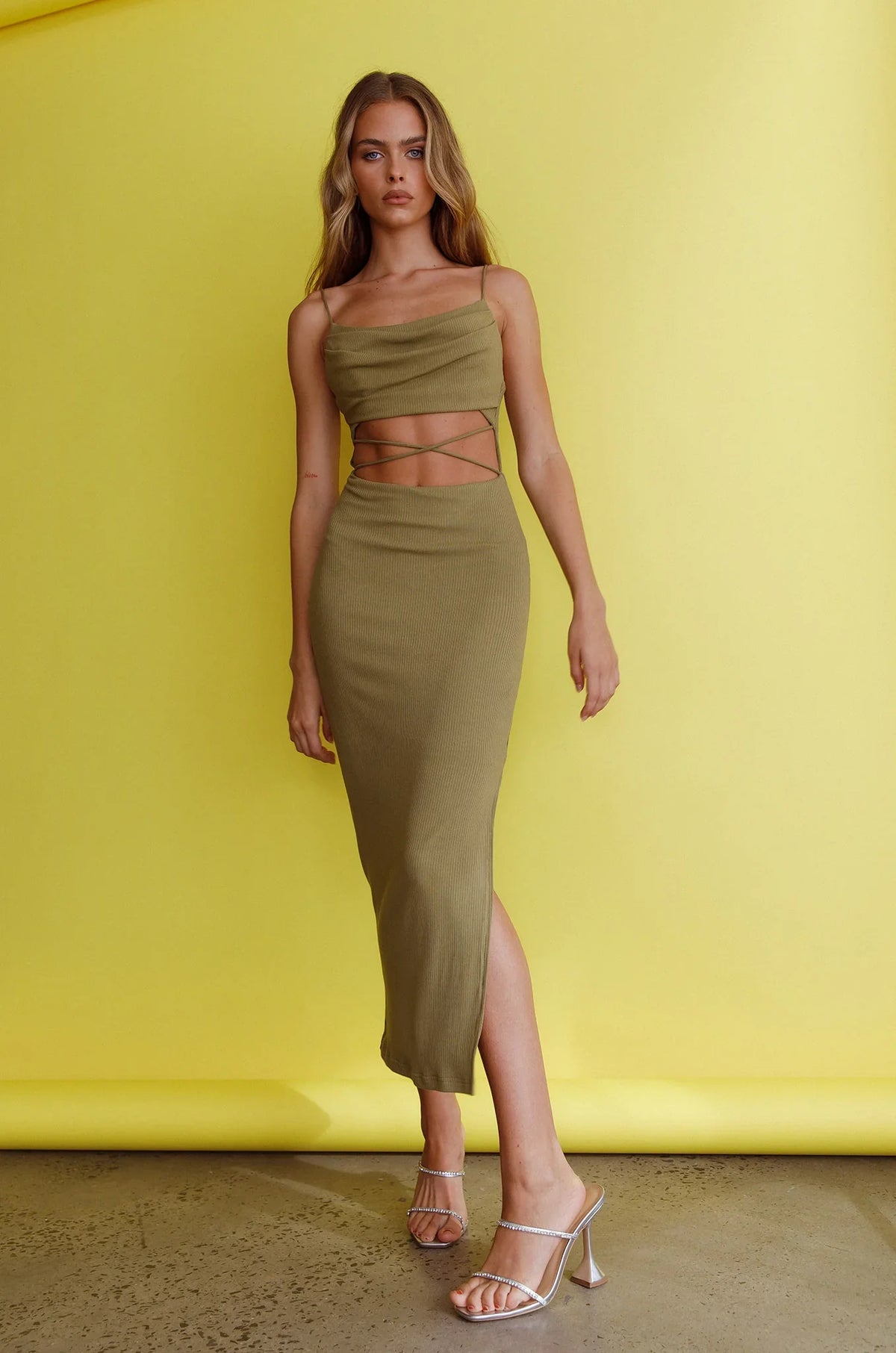 Crazy In Love Cowl Neck Cut-Out Waist Midi Dress Olive