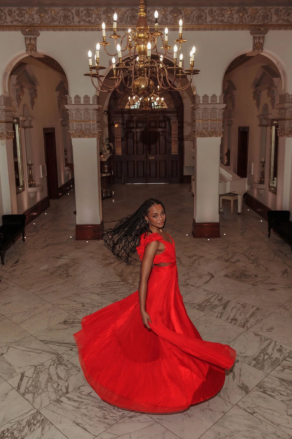 Bellamy Lace-Up Back Ruffle Maxi Dress Red