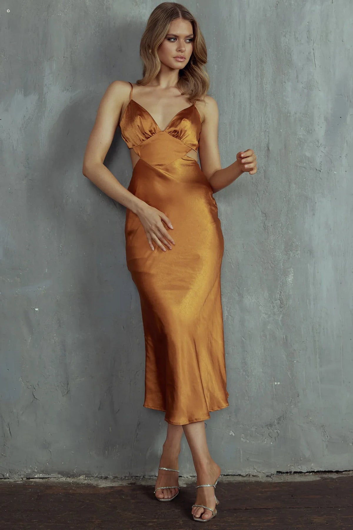 City Lights Cut-Out Waist Strappy Back Midi Dress Bronze