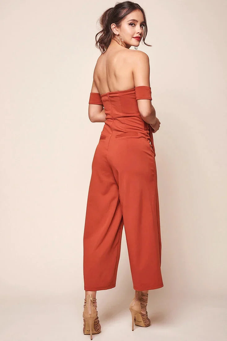 Joan Off the Shoulder Waist Tie Wide Leg Jumpsuit Rust