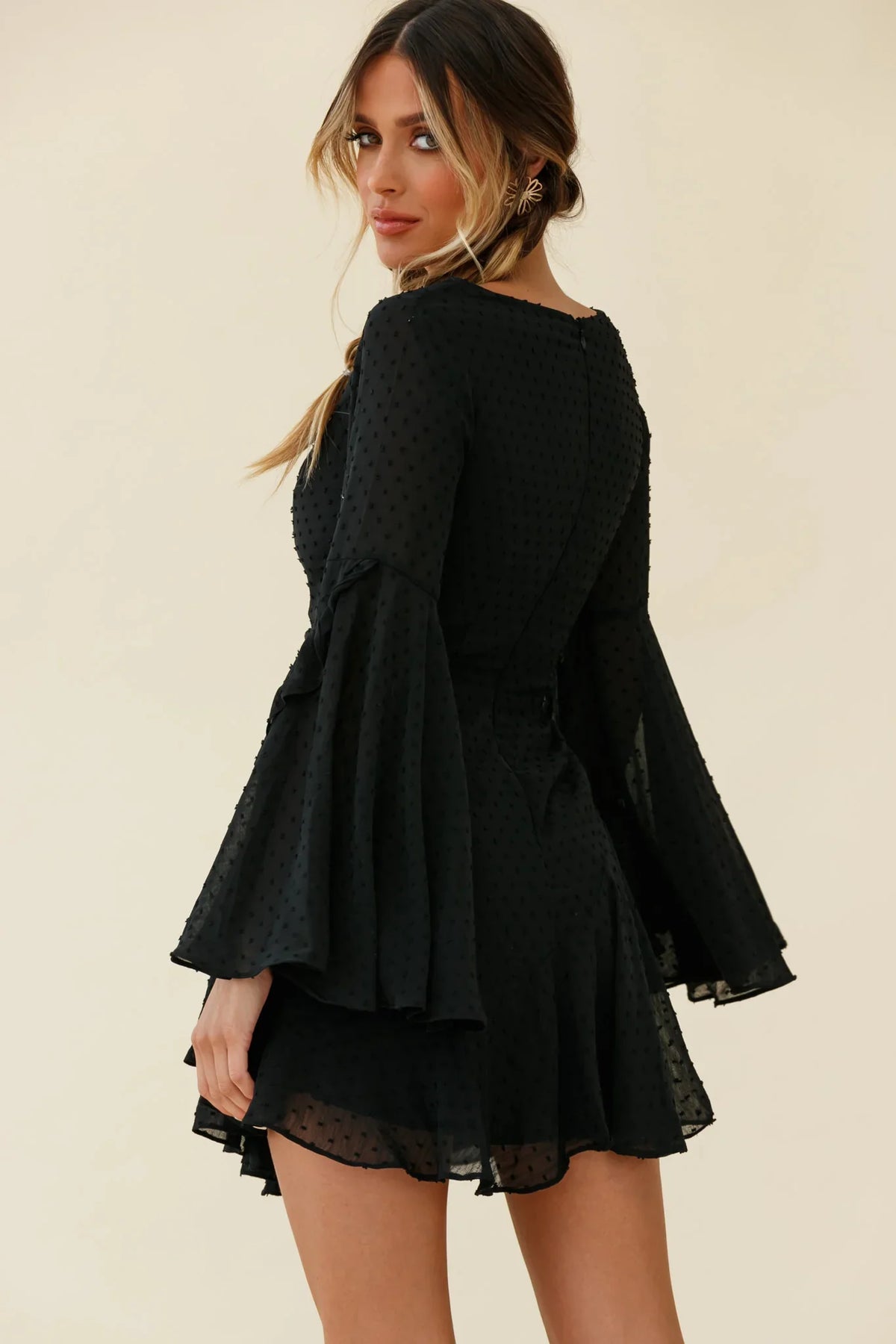 Carlini Flared Sleeve Boat Neckline Dress Black