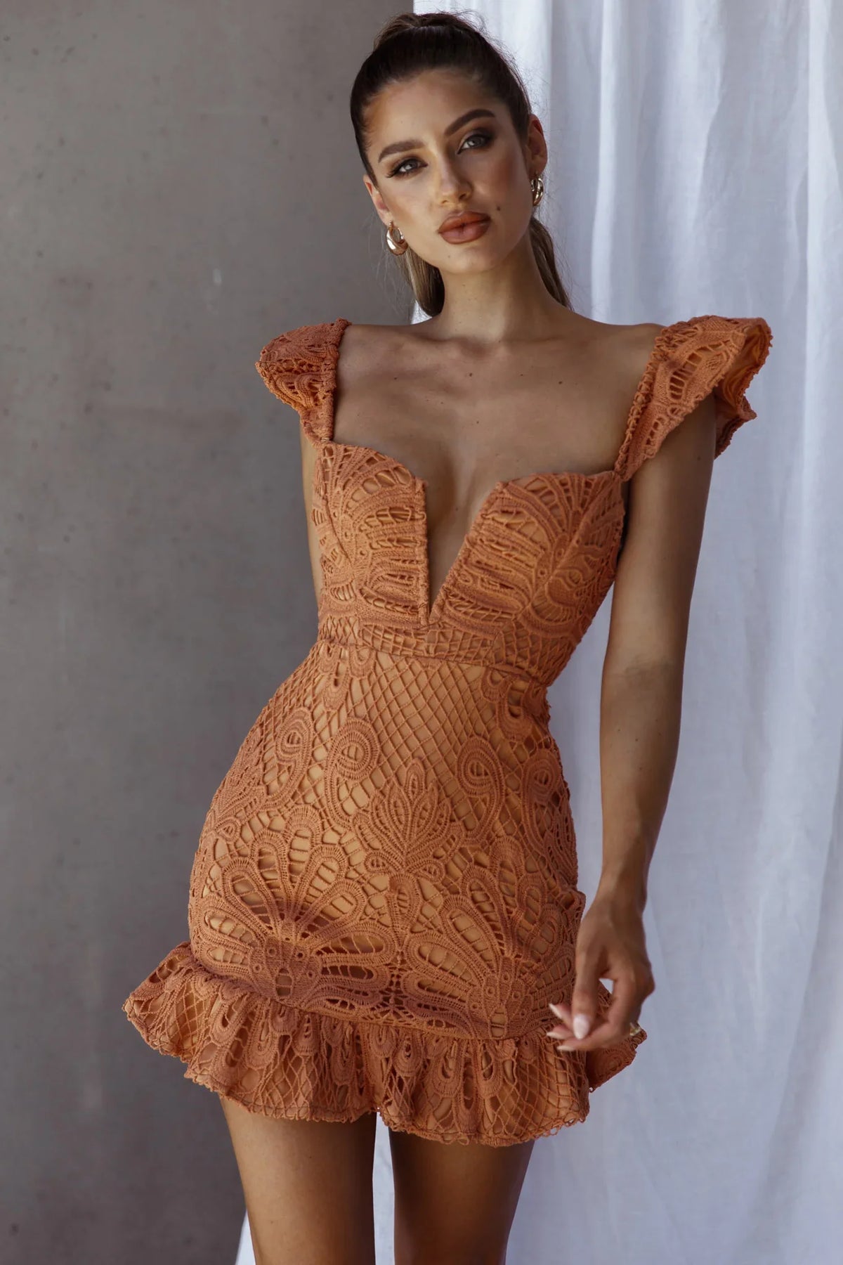 Mon Papillon Lace Mini Dress Apricot