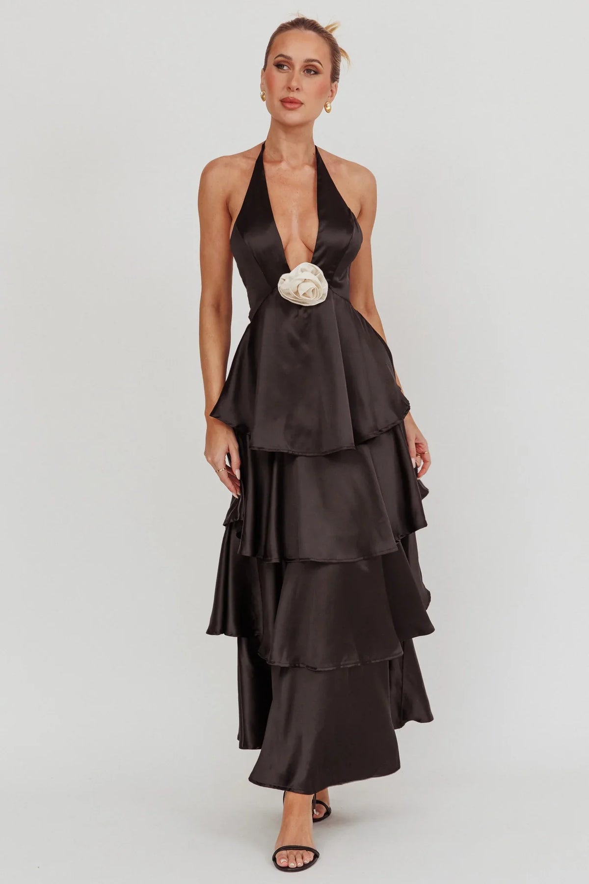 Catalina Tiered Ruffle Rosette Maxi Dress Black