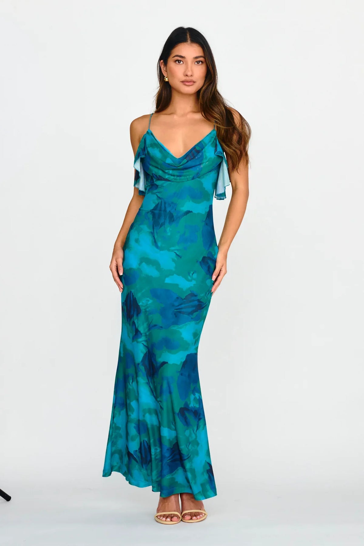 Jannie Draped Neckline Cami Dress Abstract Green