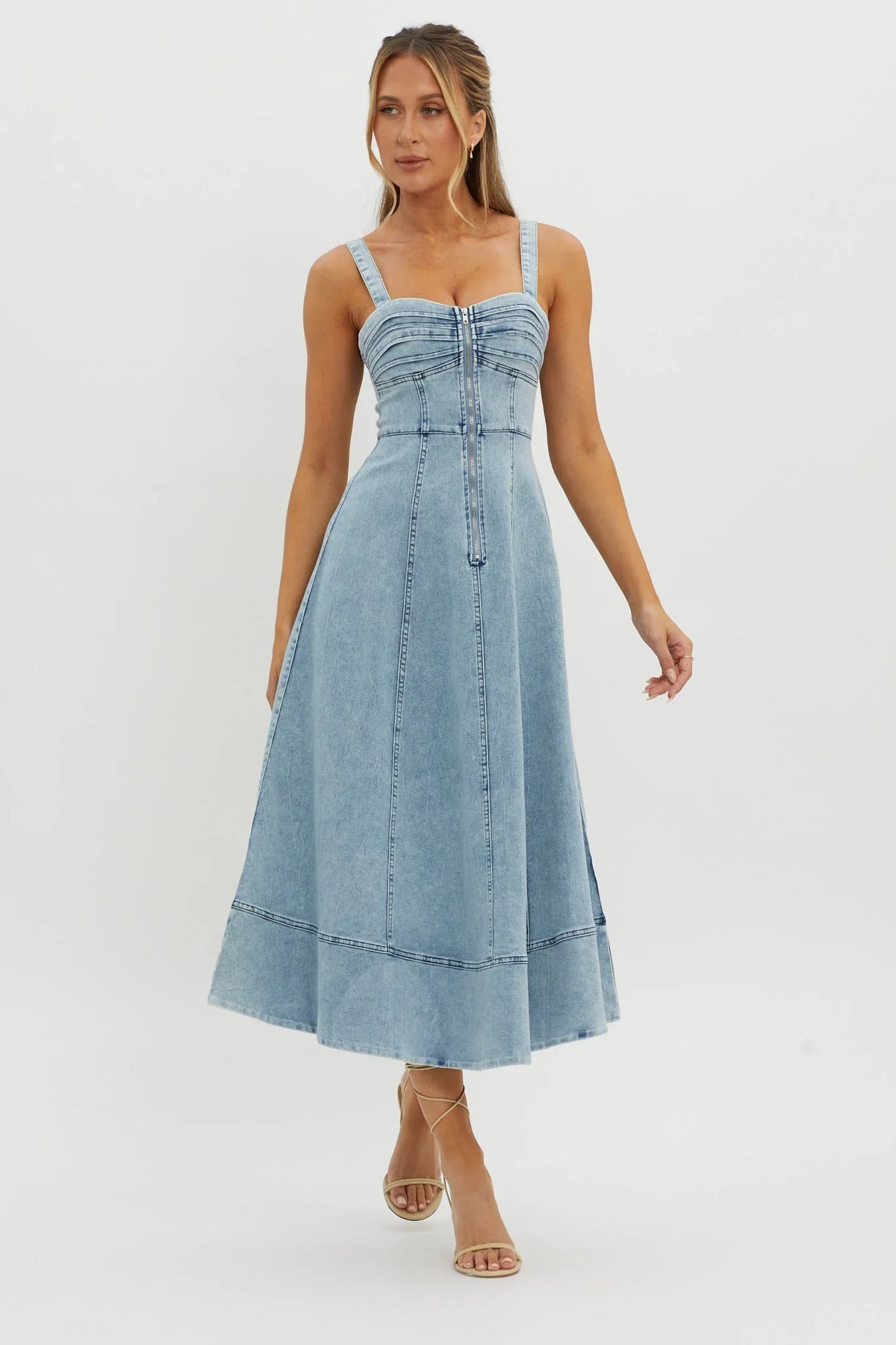 Emilio Pleated Bust A-Line Midi Dress Denim Blue