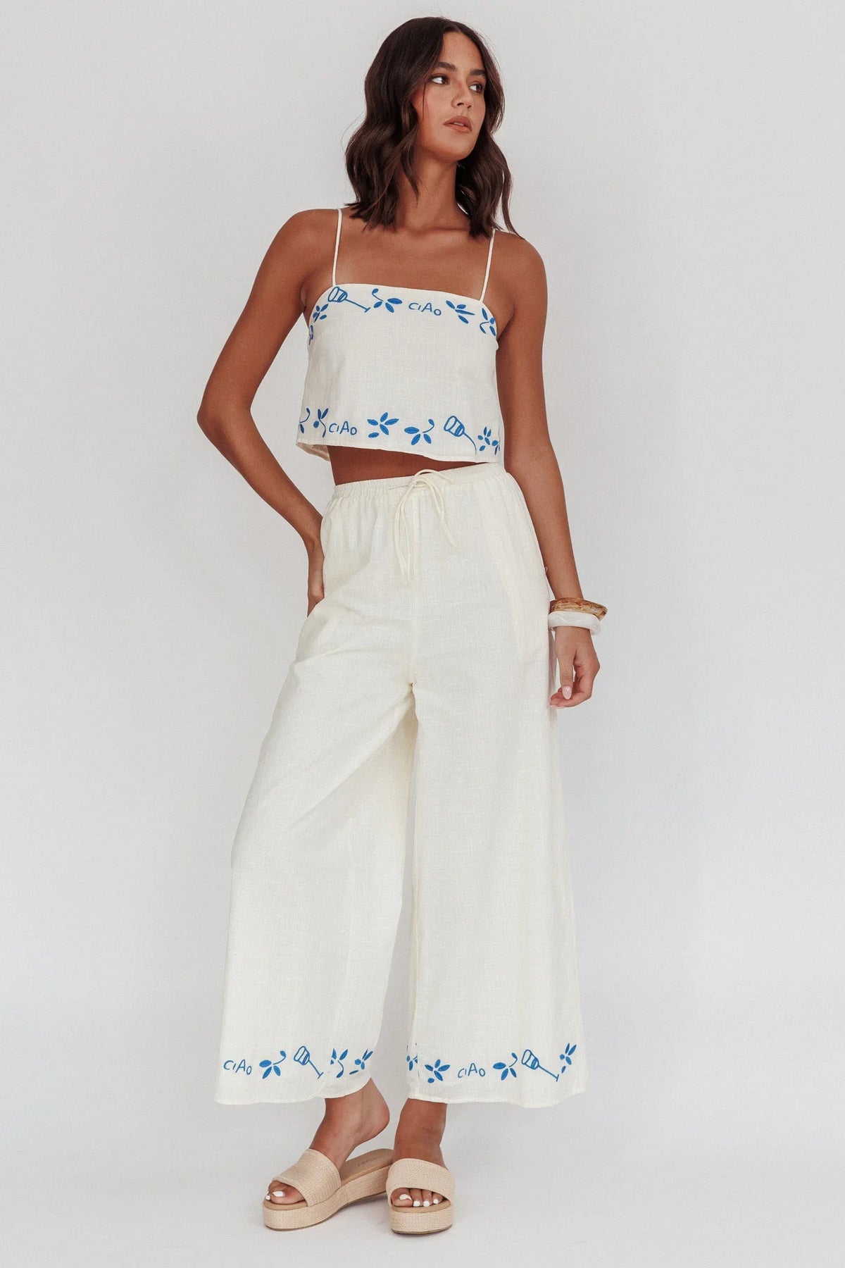 Sorrento Summer Embroidered Crop Top Beige