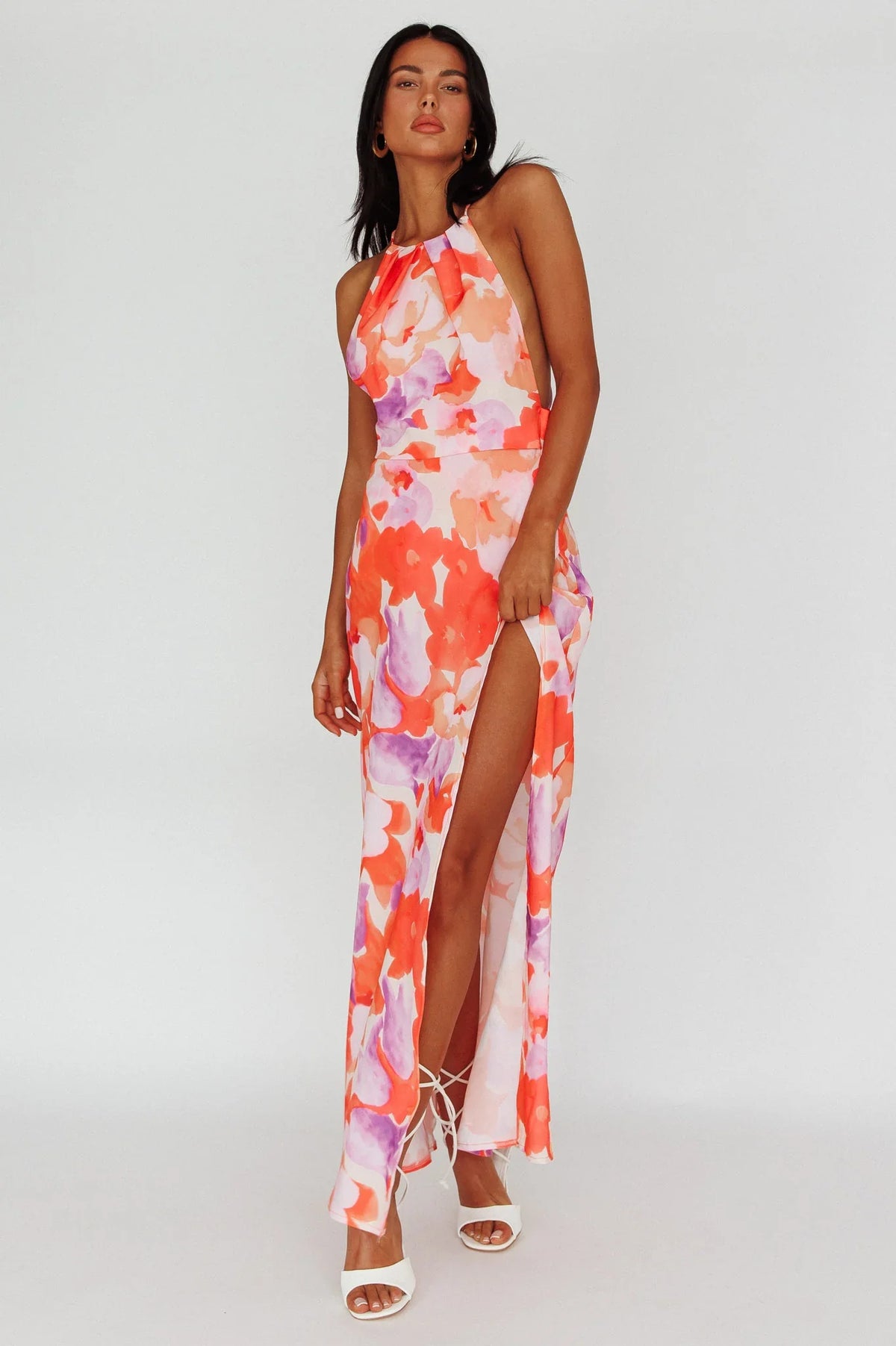 Val Cowl Back Maxi Dress Floral Orange