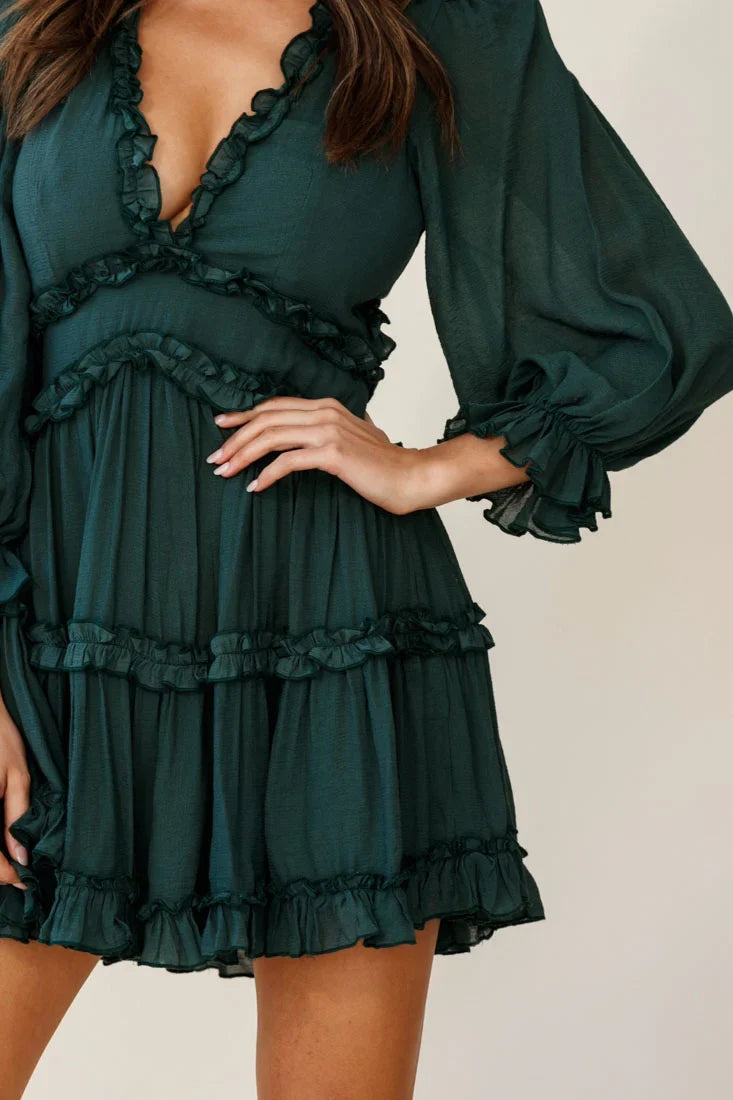Laney Cutout Back Balloon Sleeve Dress Green