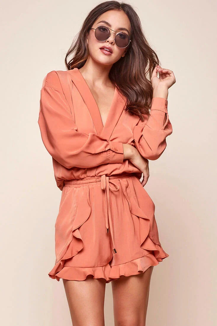 Hayley Classy Tuxedo Romper Orange Brick