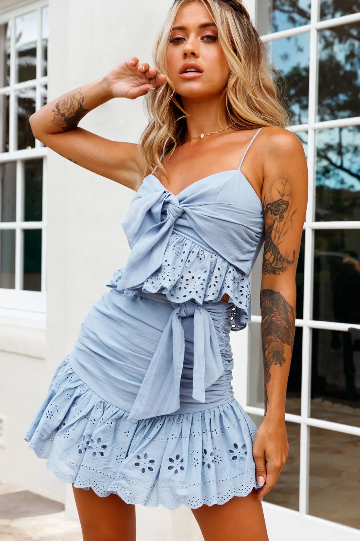 Heartland Waist Tie Eyelet Embroidery Hem Skirt Denim Blue