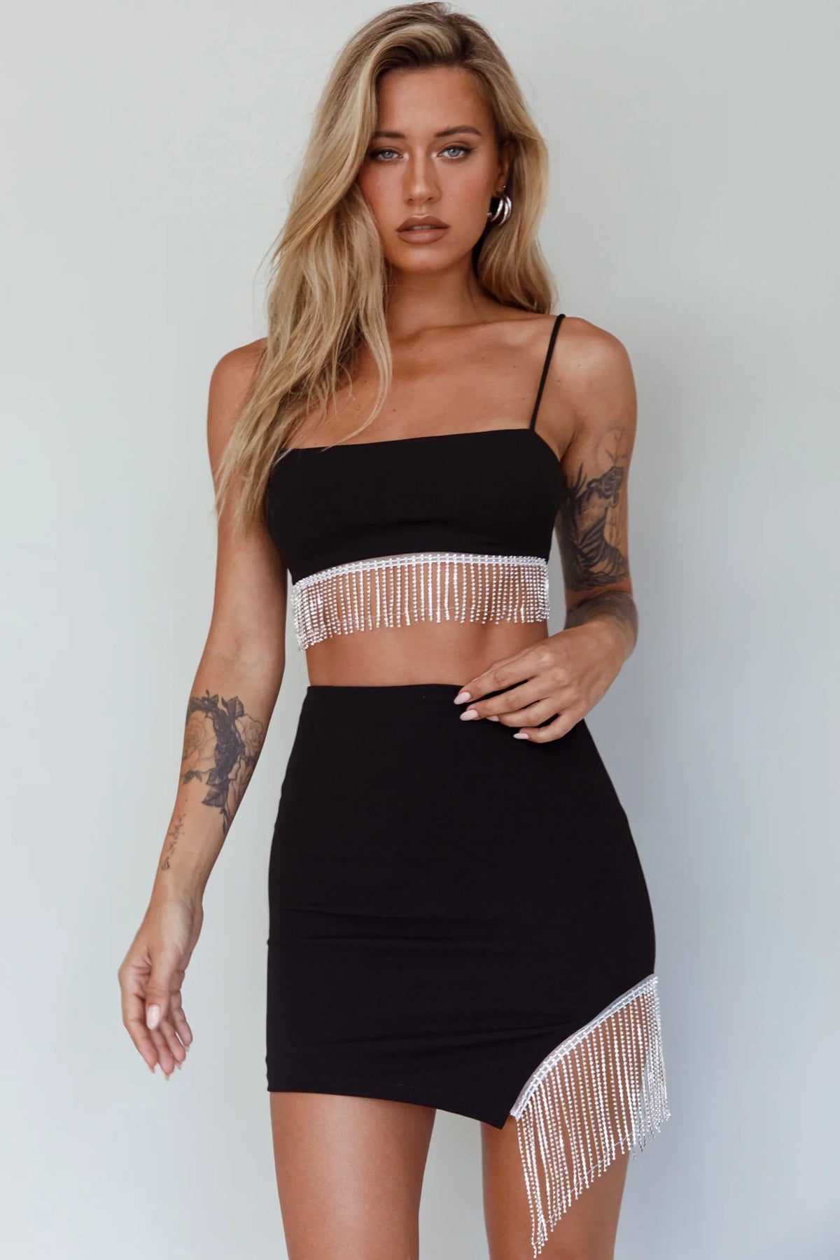 Call On Me Diamante Fringe Mini Skirt Black