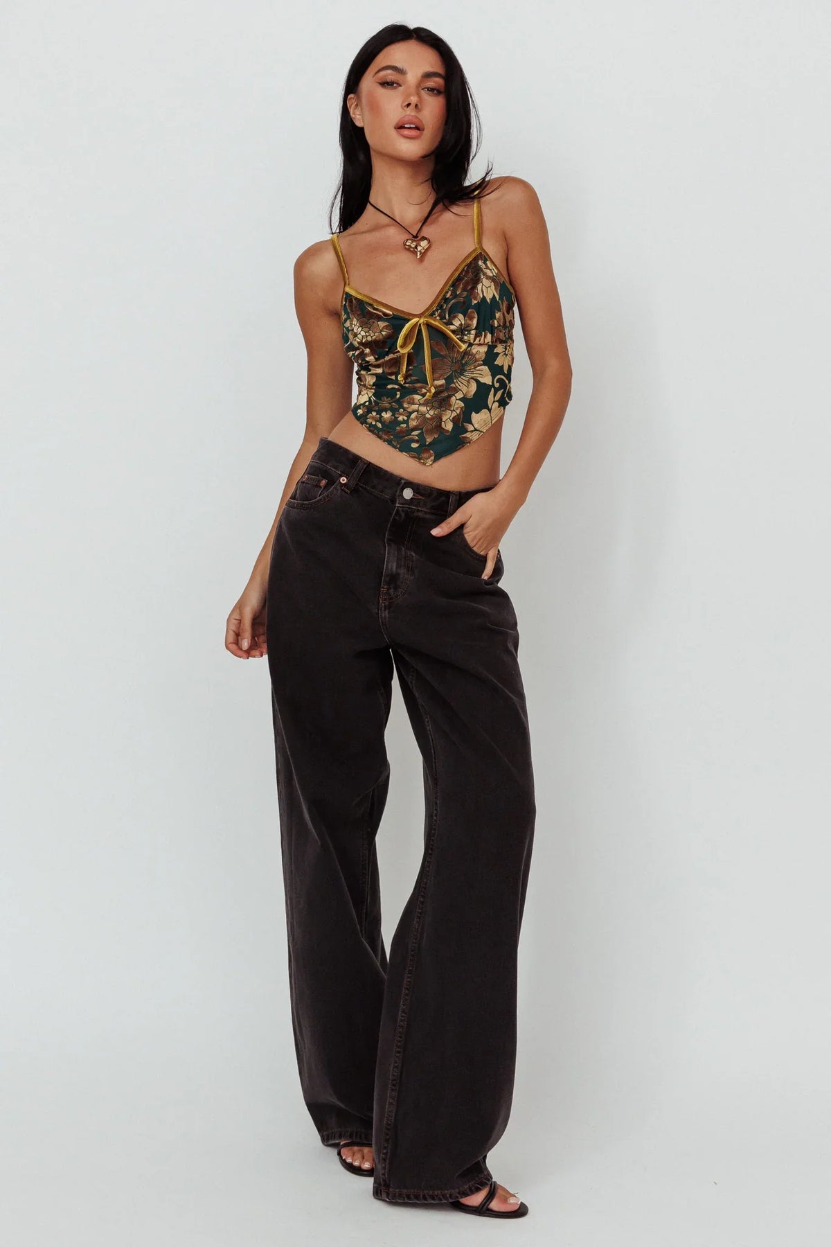 Caught Feelings Floral Velour Crop Top Green/Gold