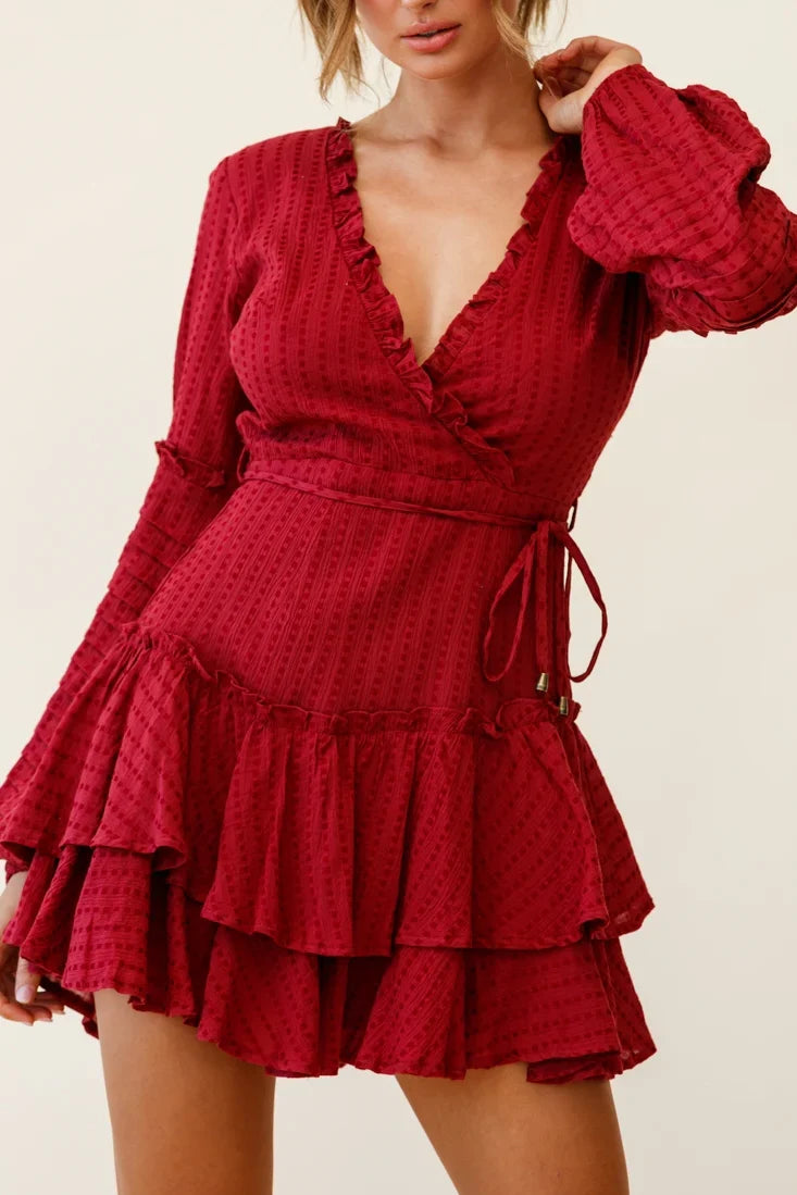 Neve Balloon Sleeve Layered Ruffle Hem Dress Wine