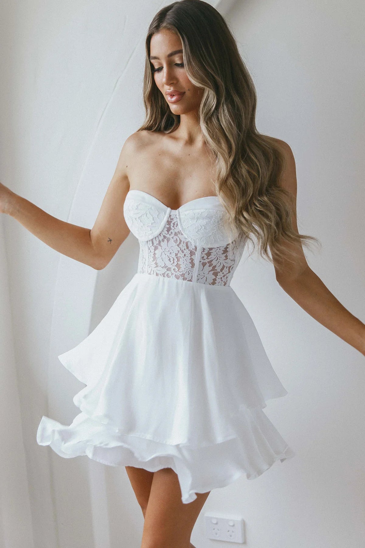 In Your Arms Strapless Lace Bodice Layered Hem Mini Dress White