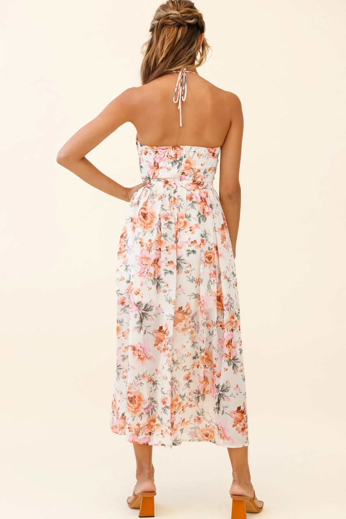Los Feliz Tied Bust Halterneck Midi Dress Floral Print Pink