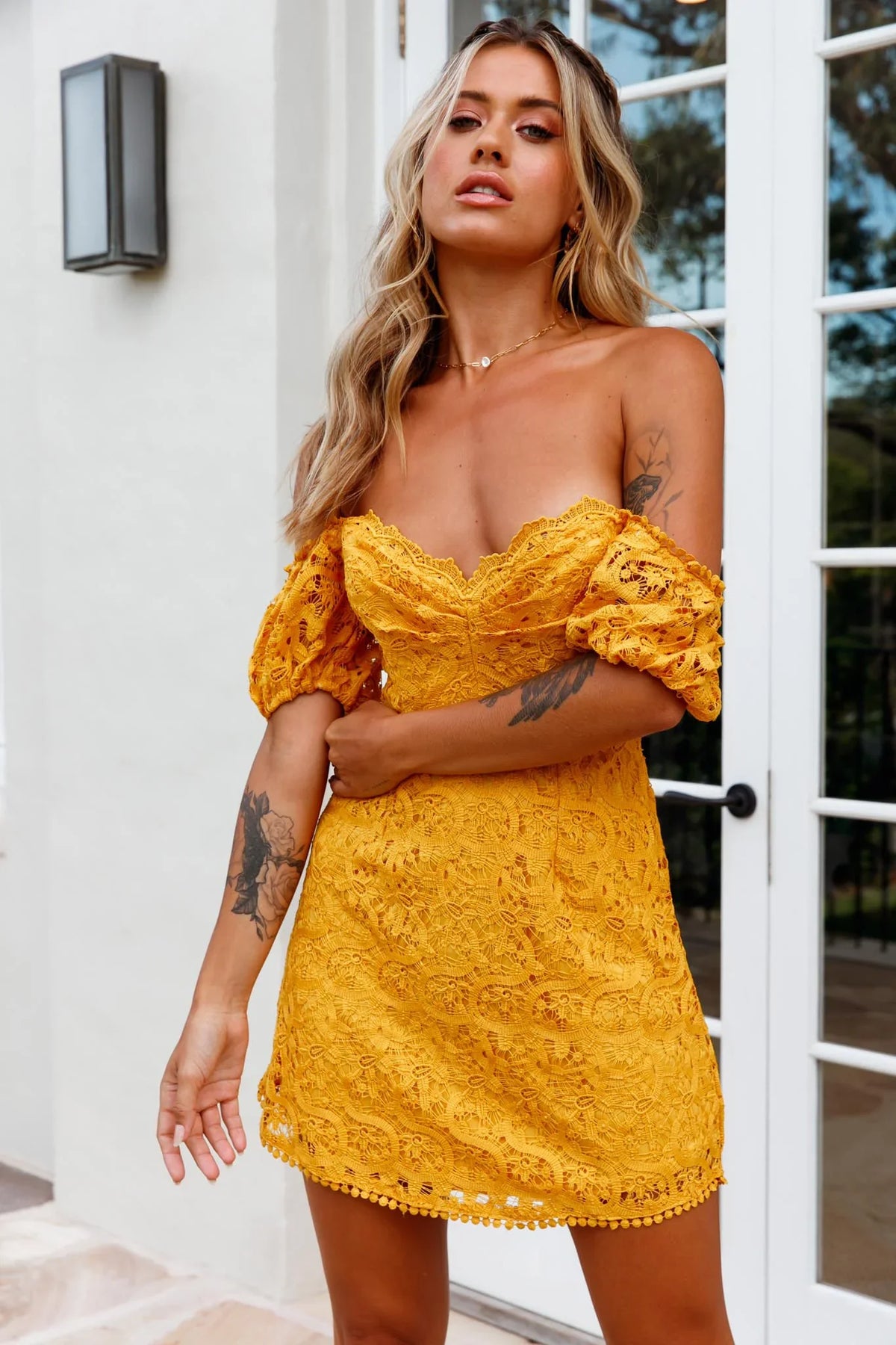 Costa Mesa Puff Sleeve Lace Overlay Dress Yellow
