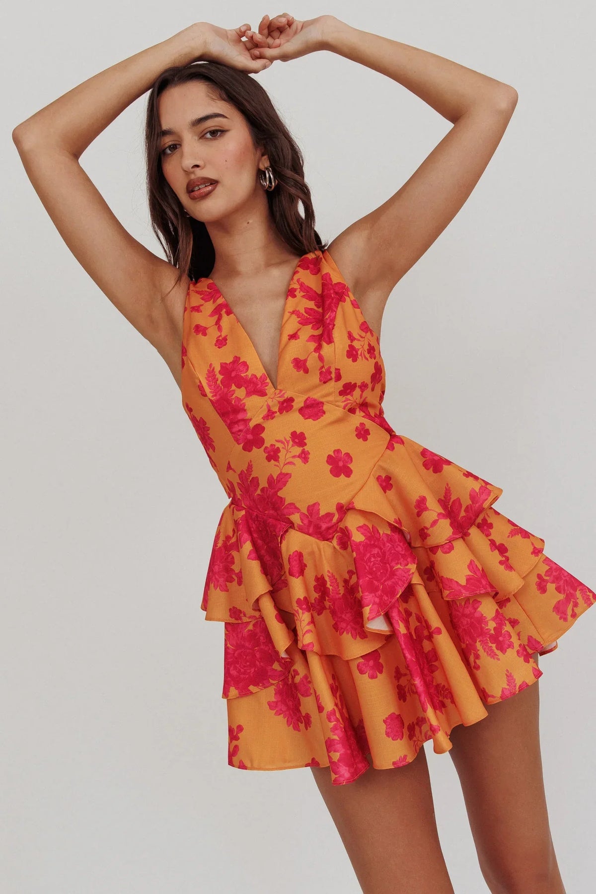 Like Me V-Neck Tied Back Floral Romper Orange