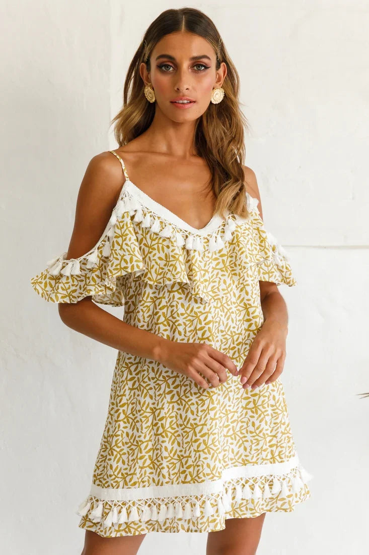 Hayman Cold-Shoulder Tassel Trim Dress Mustard Print