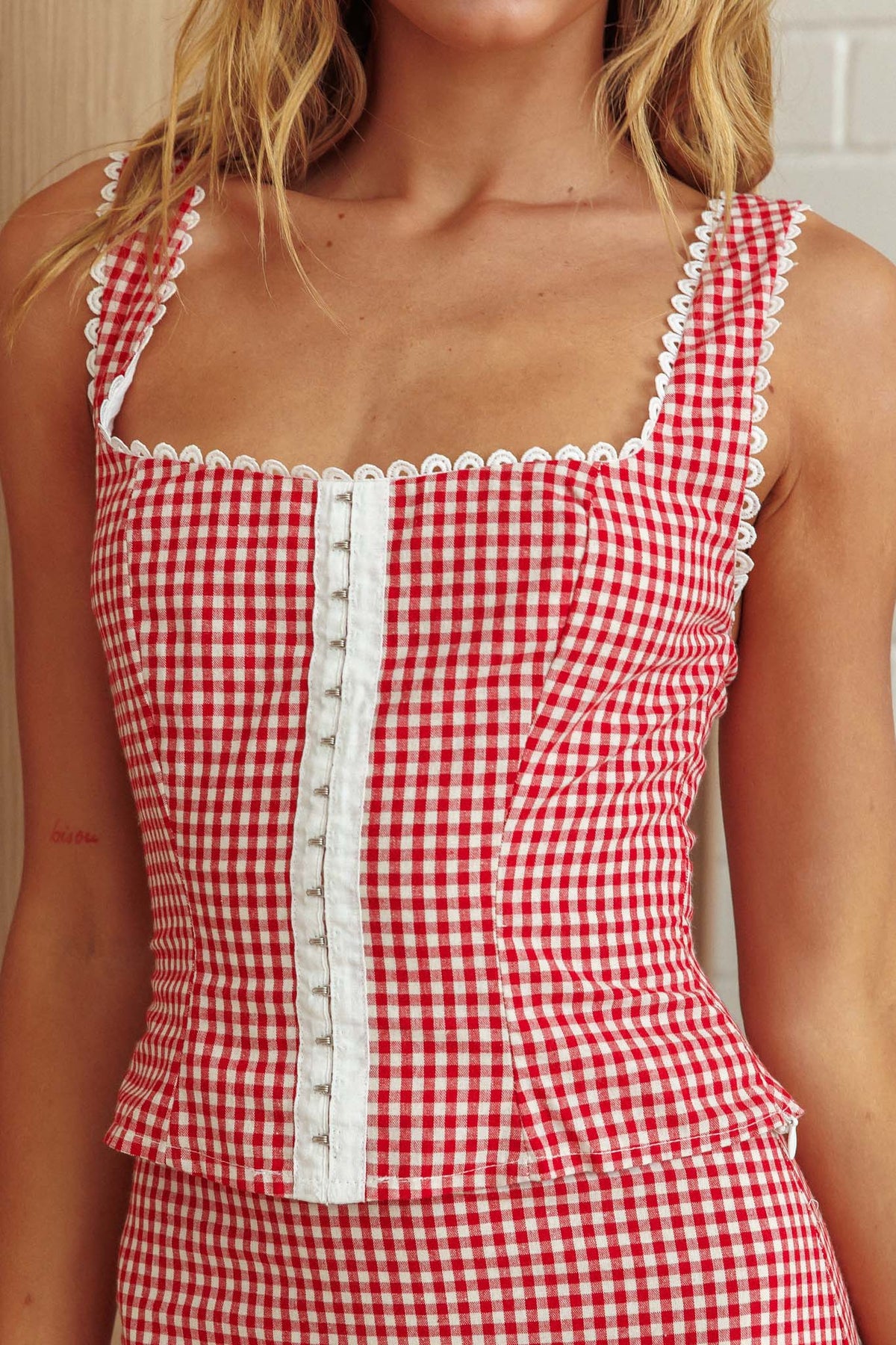 Summer Cottage Lace Trim Top Red Check
