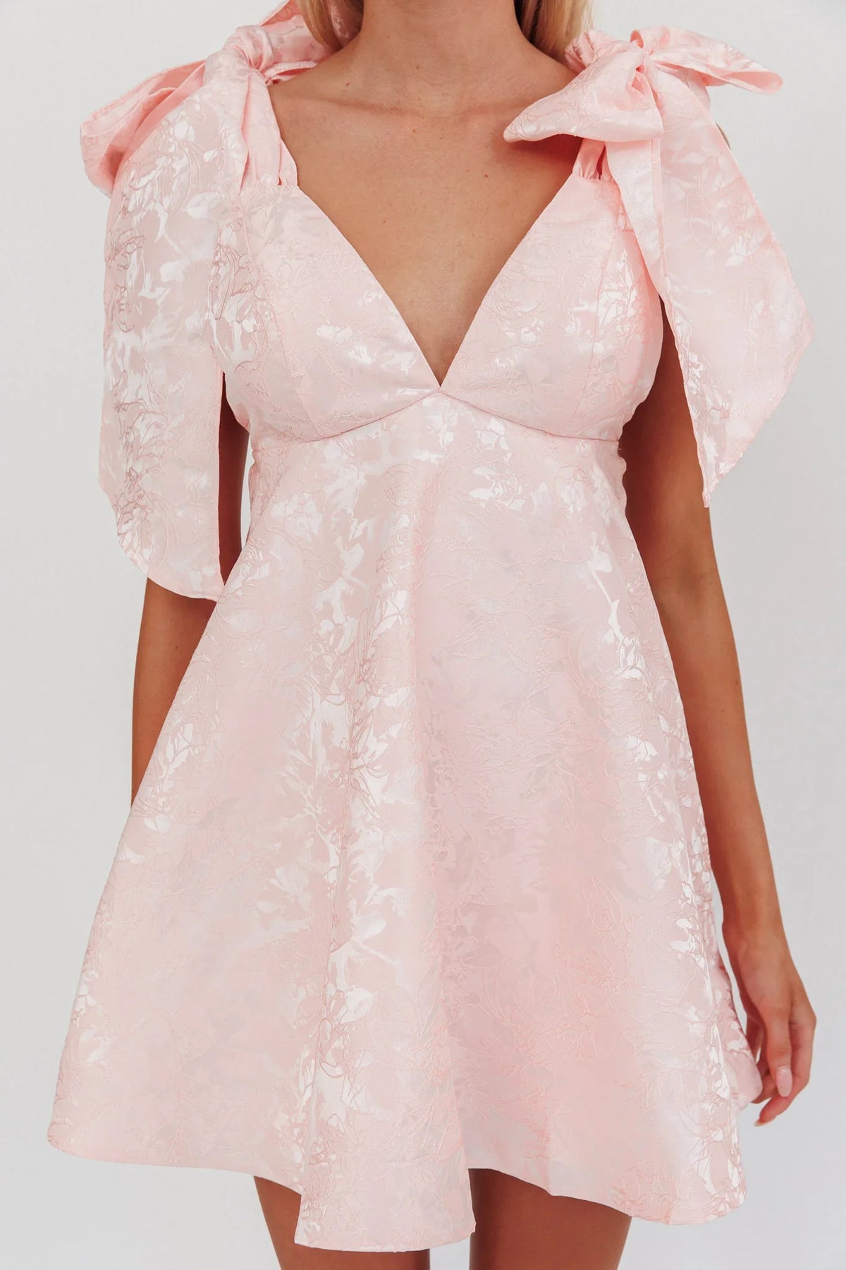 Chantilly Tied Shoulder Jacquard Mini Dress Blush