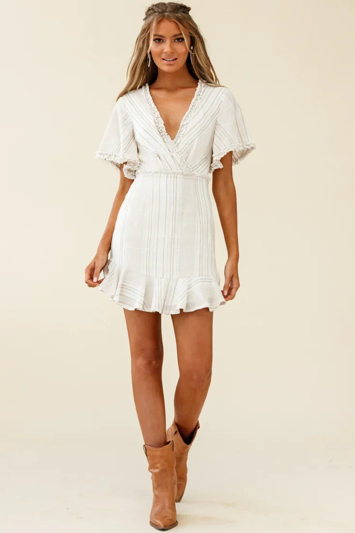 Ochre Open Back Bow Detail Dress Stripe Pattern White/Mocha