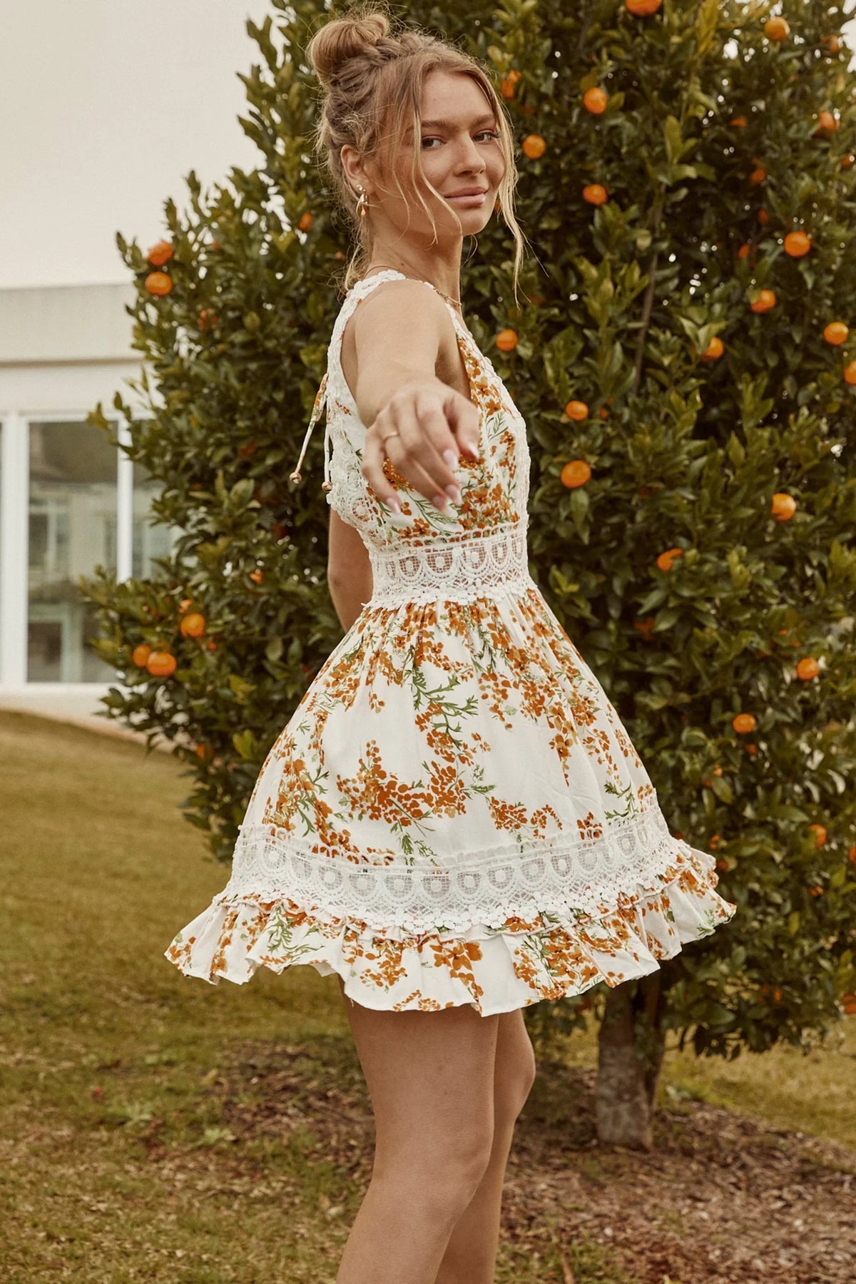 Indio Crochet Insert Deep V-Neckline Mini Dress Floral Print White/Orange