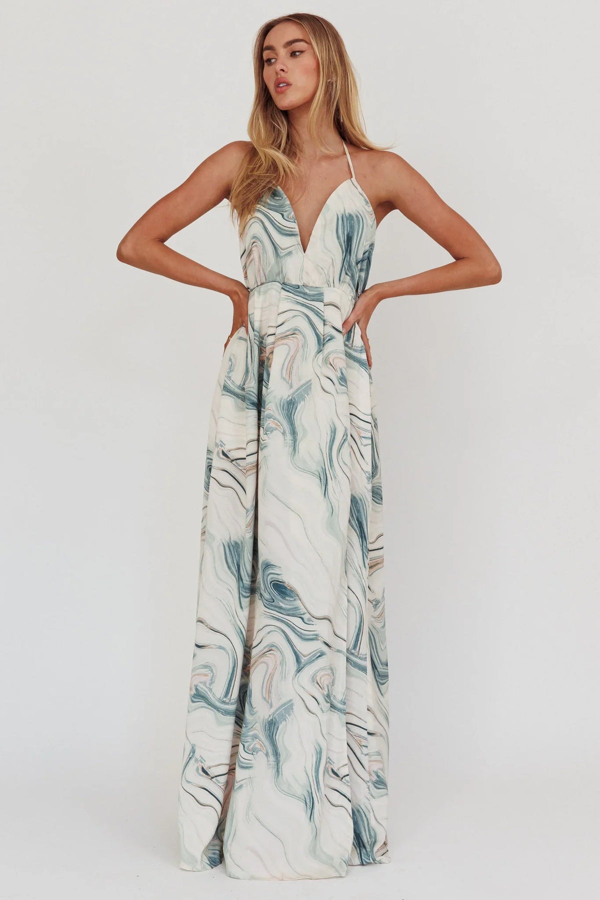 Snooze Marble Print Backless Maxi Dress Teal
