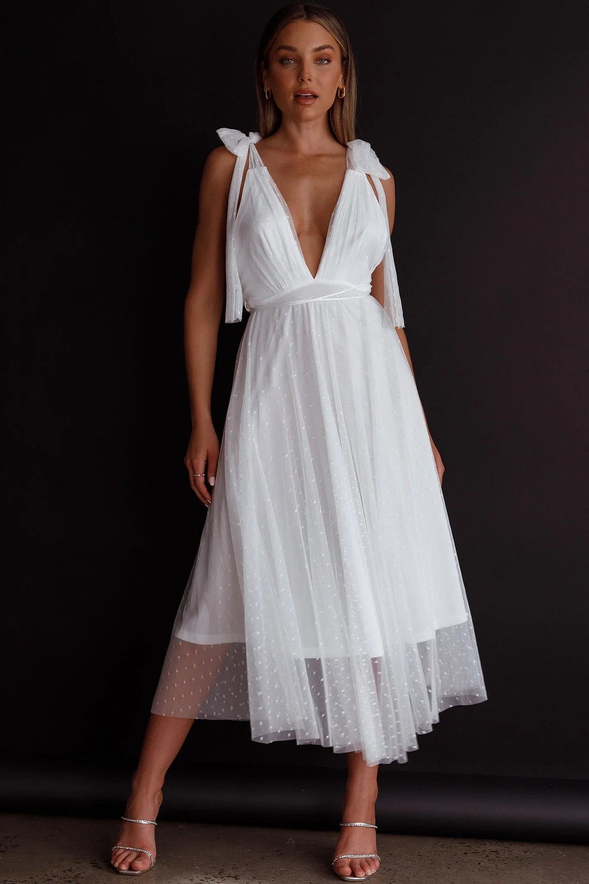 Kathryn Tied Shoulder Mesh Midi Dress White