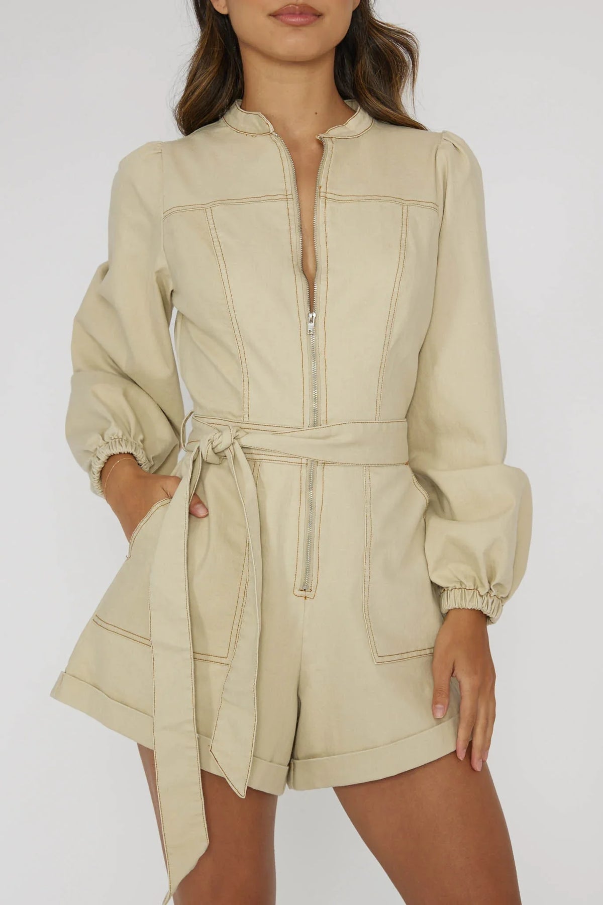 Real World Zip Front Romper Butter