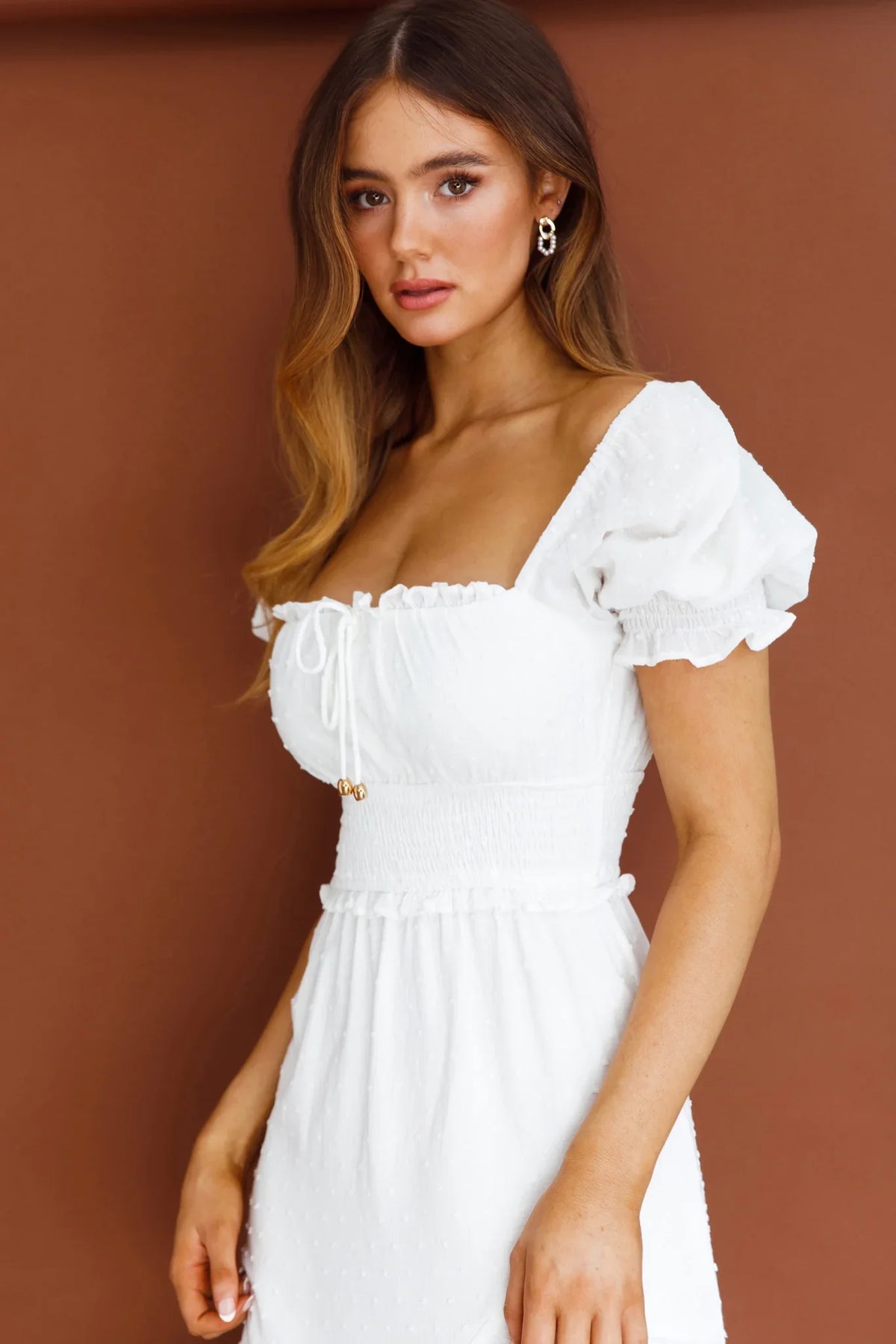 Summer In Paris Puff Sleeve Shirred Midi Dress White
