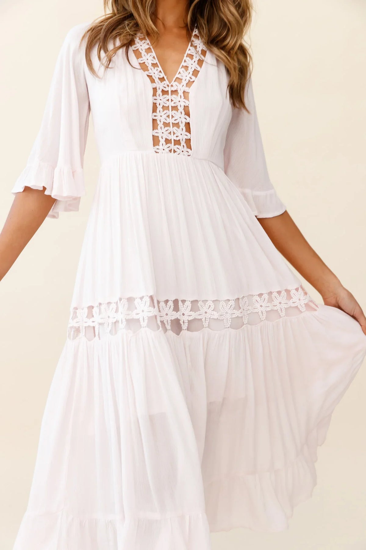 Feeling Groovy Bell Sleeve Crochet Trim Maxi Dress Pink