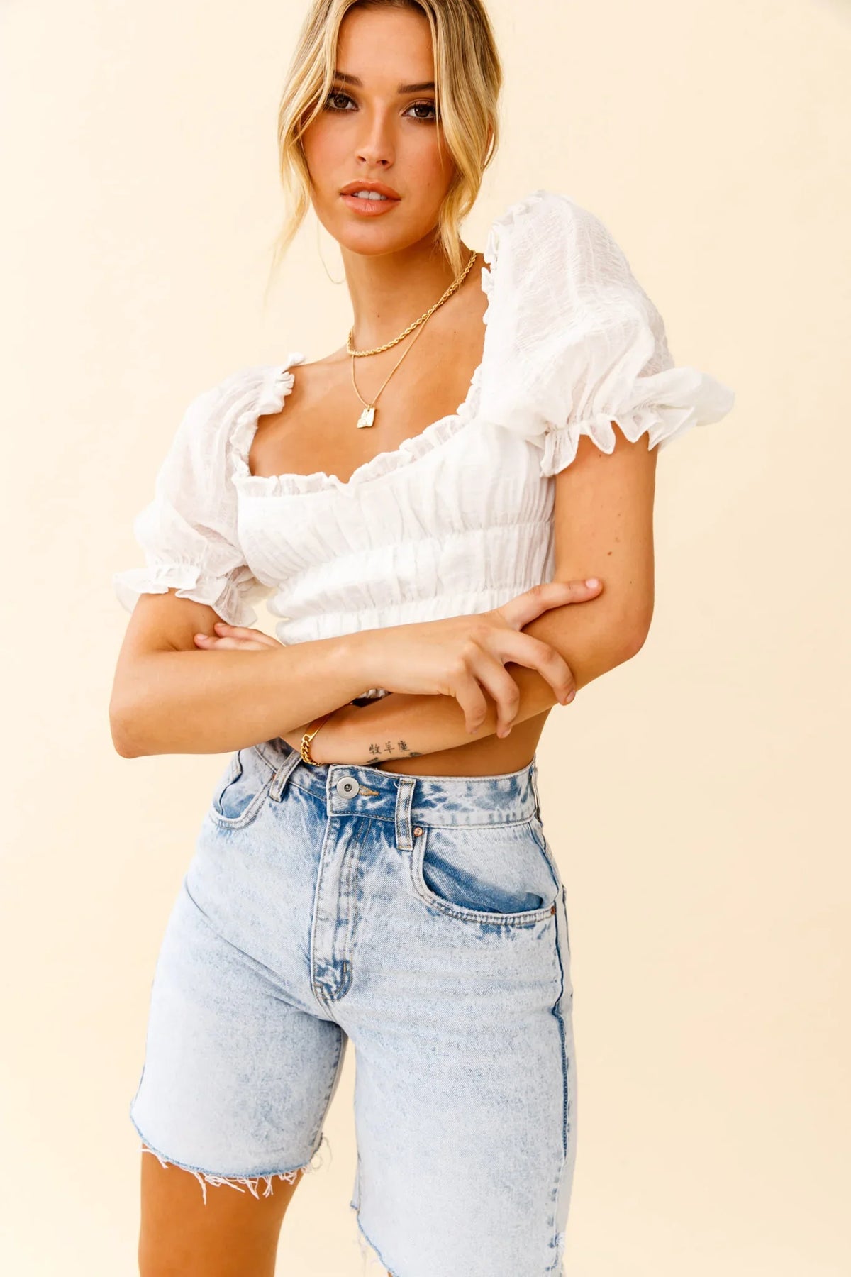 Romantics Shirred Bodice Puff Sleeve Crop Top White