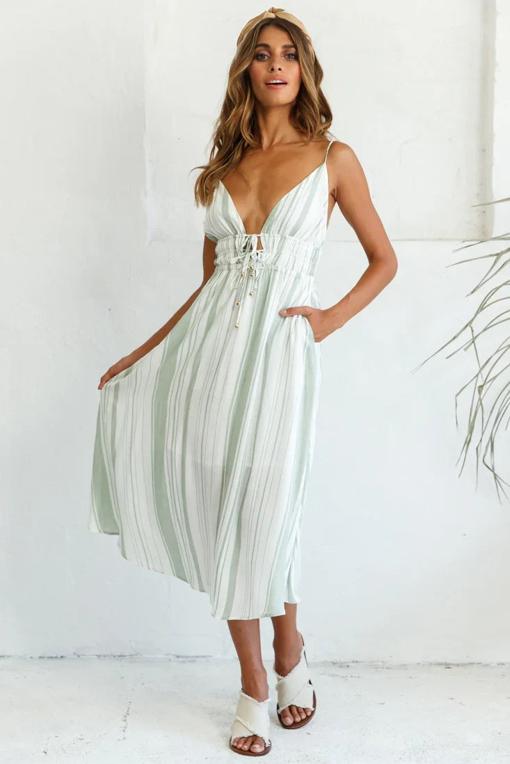 Hosanna Drawstring Detail Pocket Midi Dress Stripe Print Olive