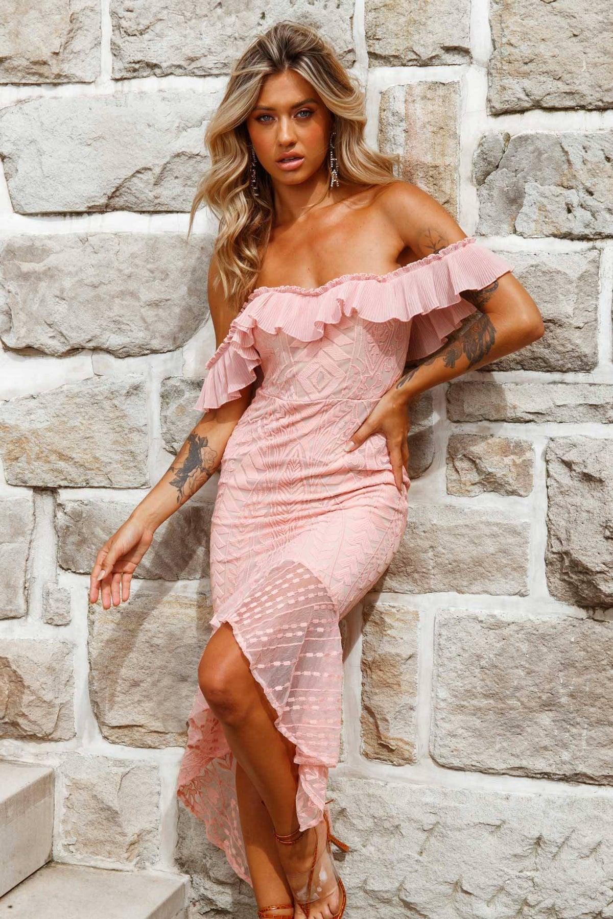 Dreamy Off-Shoulder High-Low Hem Dress Blush