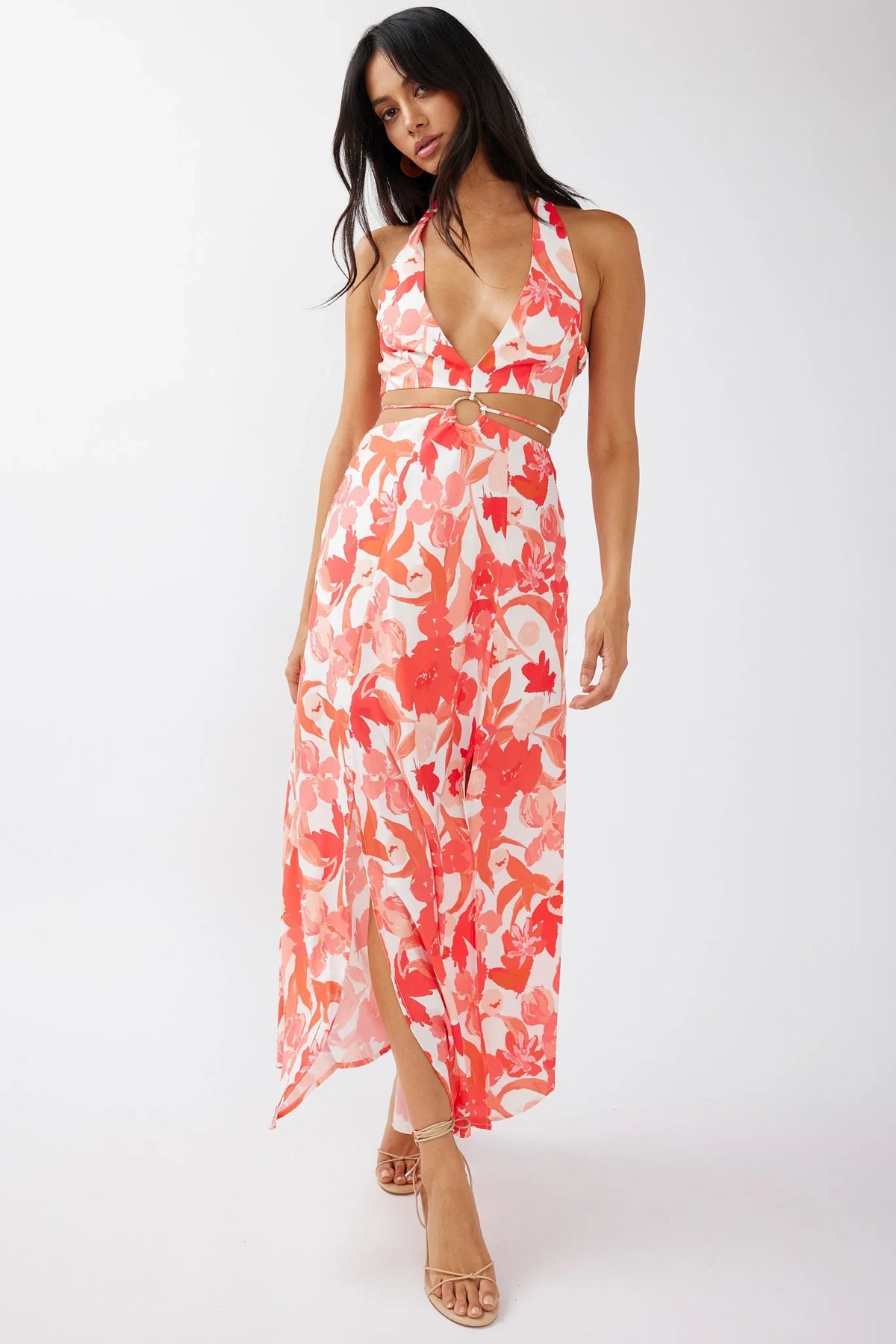 Tuscan Summers Cut-Out Midi Dress Floral Red